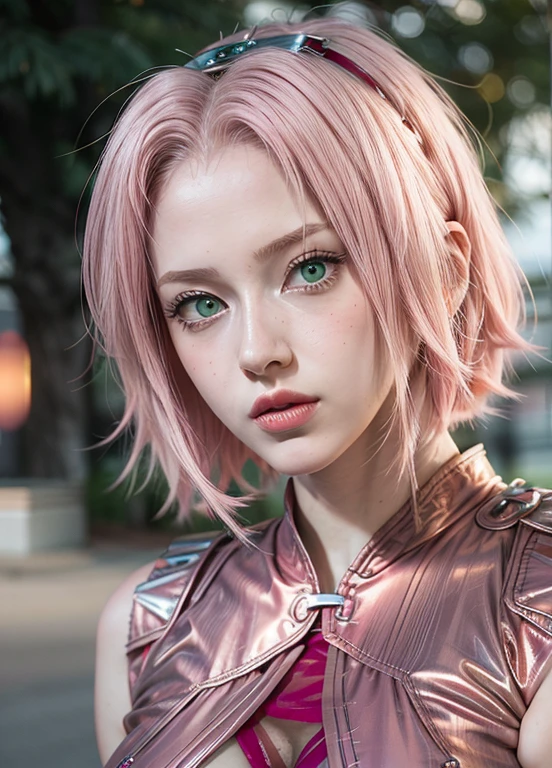 young woman, pale skin, short bubblegum pink hair, wide forehead, emerald green eyes, buttoned nose, peach lips, heart-shaped face, slender, red clothes, Sakura Haruno, 3d, realism, angelic face, maya in net