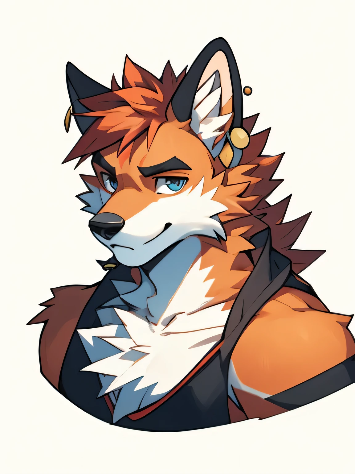 Red fox，There is an earring in the ear，Handsome，youth，Solitary，Facing the camera，High Quality Fan Art，Draw only faces