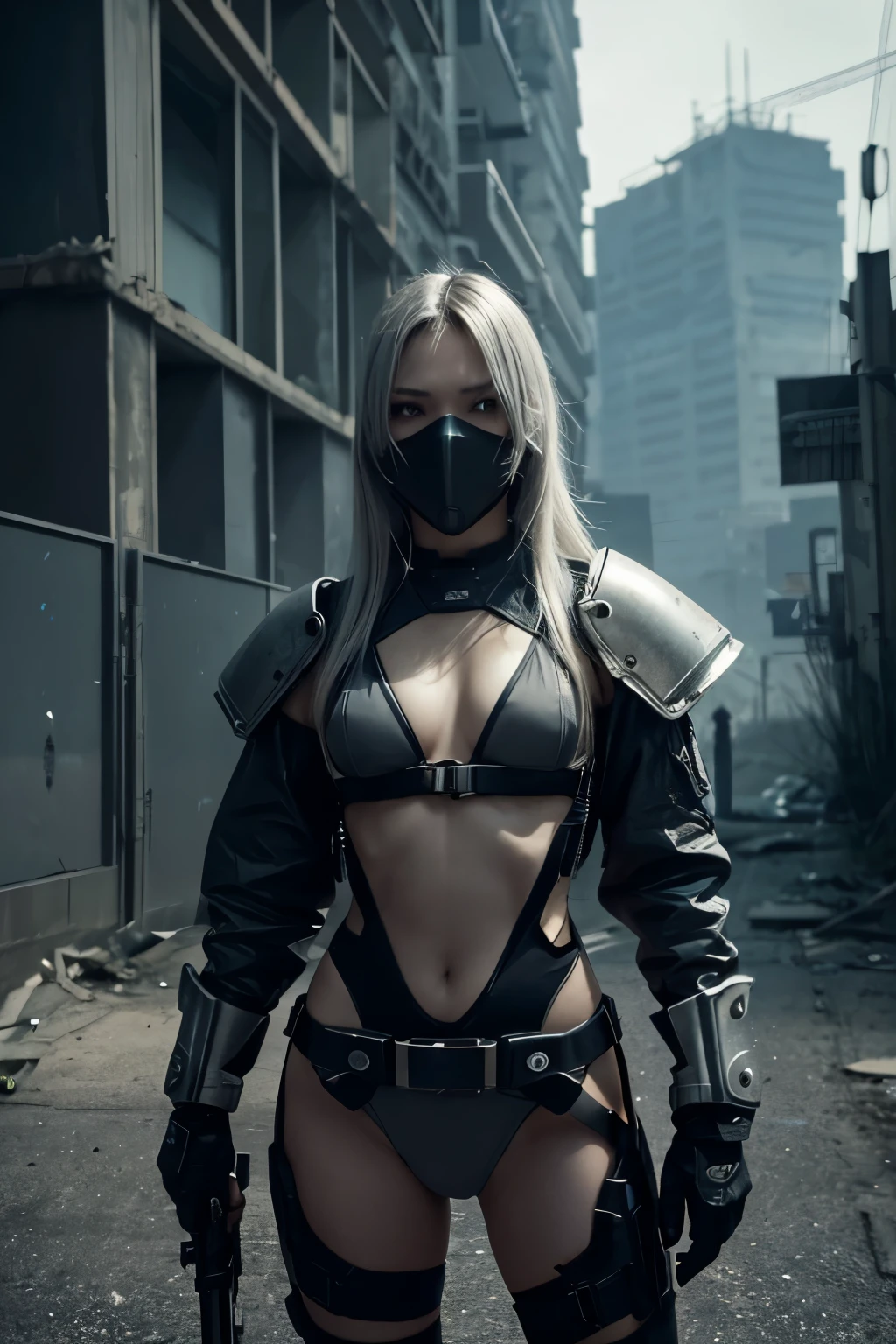 A female character stands against the backdrop of a ruined city in the near future.、Wearing high-tech gear。Her hair is silver and、It is long and straight。He has a gas mask on his face、Showing fighting stance。Her eyes are sharp、He has a determined look on his face.。

She is wearing grey bikini combat armor and jacket.、Multiple weapons and equipment are attached to the body.。In his right hand he holds a large rifle、He has a gun in his left hand。Her equipment is highly technologically advanced.、It gives off a cyberpunk vibe.。

In the background, abandoned buildings stand in a row.、There is a gloomy atmosphere。The overall color scheme is monochrome.、The scenery is reminiscent of a futuristic battlefield.。Her appearance is、It symbolizes strength and determination.、A tense scene is depicted。