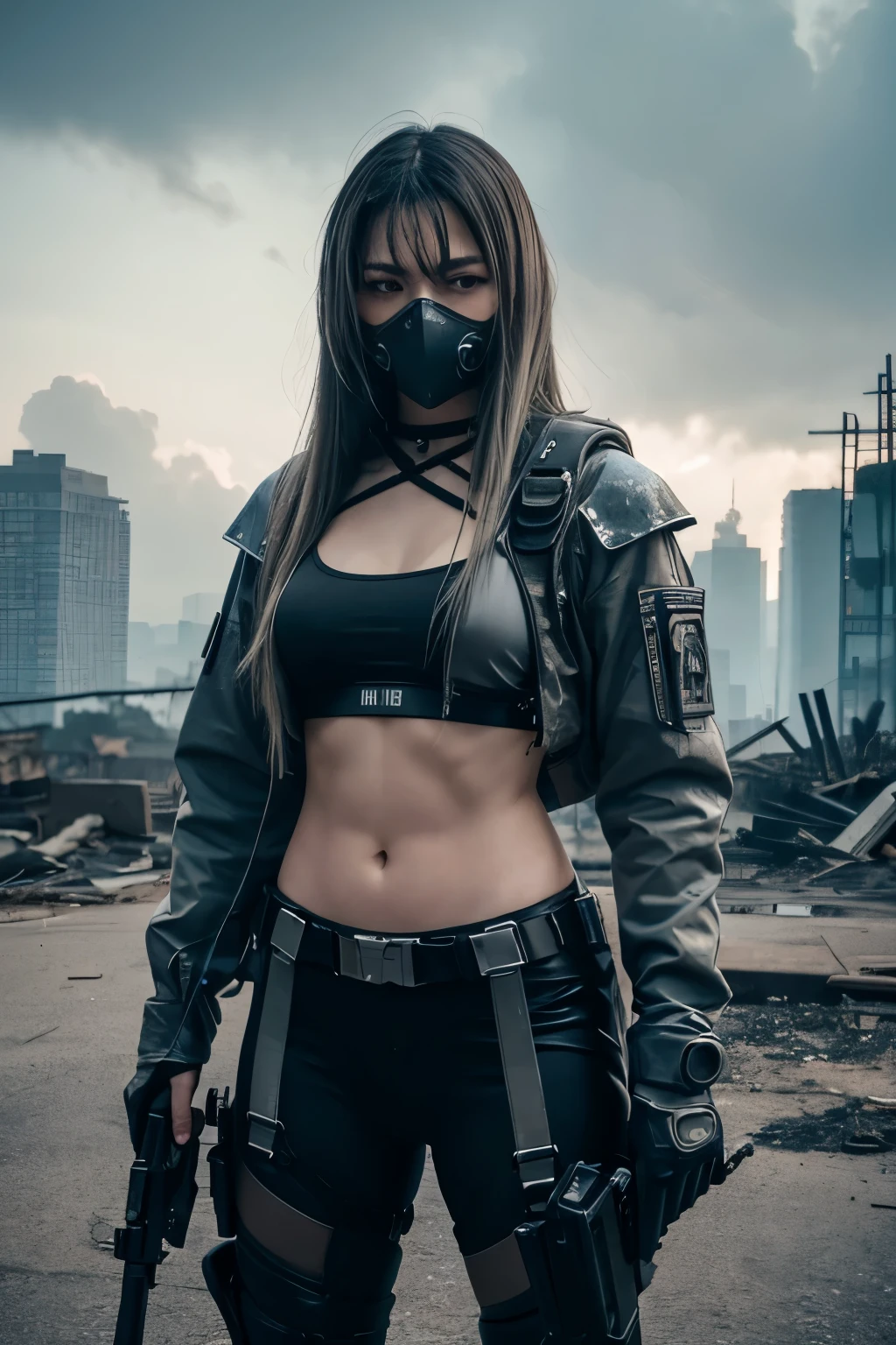 A female character stands against the backdrop of a ruined city in the near future.、Wearing high-tech gear。Her hair is silver and、It is long and straight。He has a gas mask on his face、Showing fighting stance。Her eyes are sharp、He has a determined look on his face.。
She is wearing grey bikini combat armor and jacket.、Multiple weapons and equipment are attached to the body.。In his right hand he holds a large rifle、He has a gun in his left hand。Her equipment is highly technologically advanced.、It gives off a cyberpunk vibe.。
In the background, abandoned buildings stand in a row.、There is a gloomy atmosphere。The overall color scheme is monochrome.、The scenery is reminiscent of a futuristic battlefield.。Her appearance is、It symbolizes strength and determination.、A tense scene is depicted。