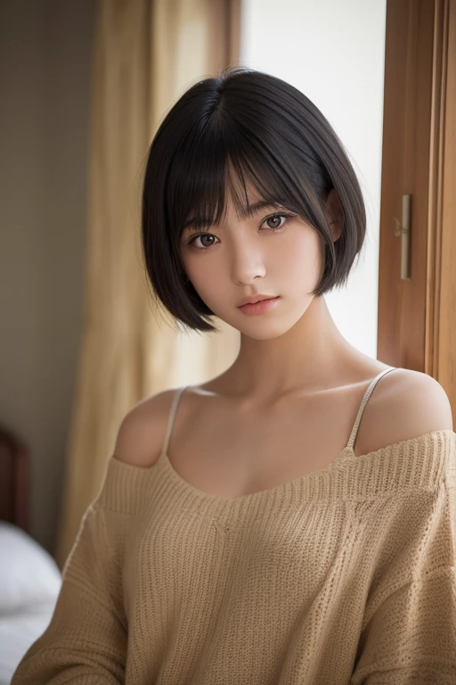 top-quality、​masterpiece、超A high resolution、(Photorealsitic:1.4)、Raw photo、one Japanese 、loking at viewer、short hair、Golden hair、narrow eyes、detailed face、White knitted sweater、Dynamic lighting、in the darkness nigth、deep-shadows、lowkey