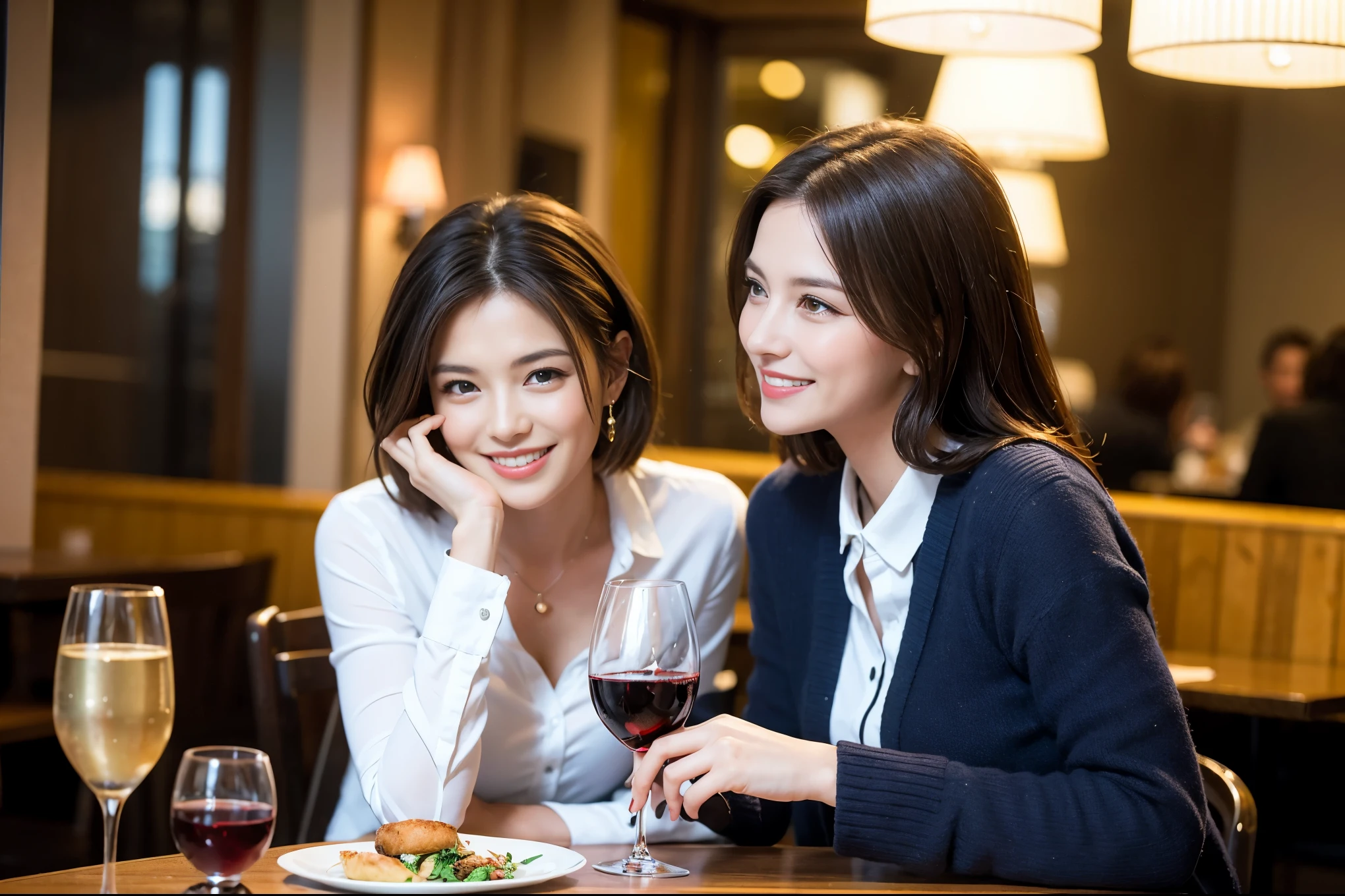 ((highest quality、8k、masterpiece:1.3))、1 male、1 female、Spouse、Beautiful couple、smile、 (Slim face), (the body is スリム), (Brown Hair), (Shortcuts), Bob Hale、 テーブルの上のwine glass、Please shine a light on my face、 Amazing view of the sunset sky and clouds、smileの美しさ、Bright image、Blushing, Shortcuts,Bright Face、 (Age 35), 39 years old, red wine 、Appetizers、Italian food、Wine bottle、Champagne、sparkling wine、Long sleeve shirt、dress、Attractive beauty、restaurant, Nova Frog Style, actress, model, Upper Body, White wine, red wine, wine glass,