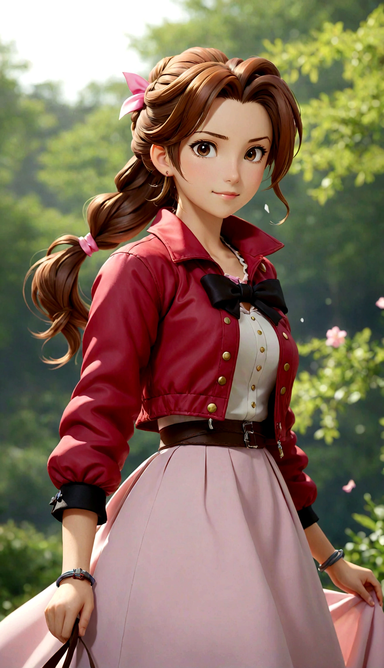 1 girl，Ponytail,bracelet，braid，braidPonytail，Brown hair，裁剪jacket，dress，jacket，Long skirt，Long hair，Pink bow，白色dress，红色jacket，solo,Aerith Gainsborough