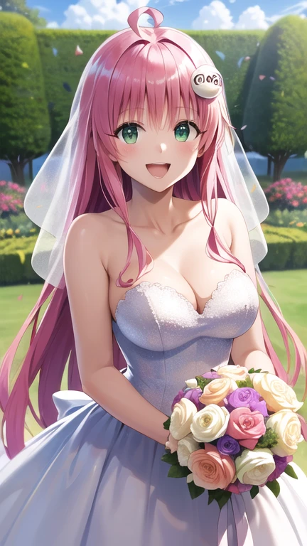 masterpiece, best quality, highres, Lala Satalin Deviluke, long hair, ahoge, hair ornament, green eyes, breasts, wedding dress, white dress, strapless, garden, smile, holding bouquet, confetti, open mouth,