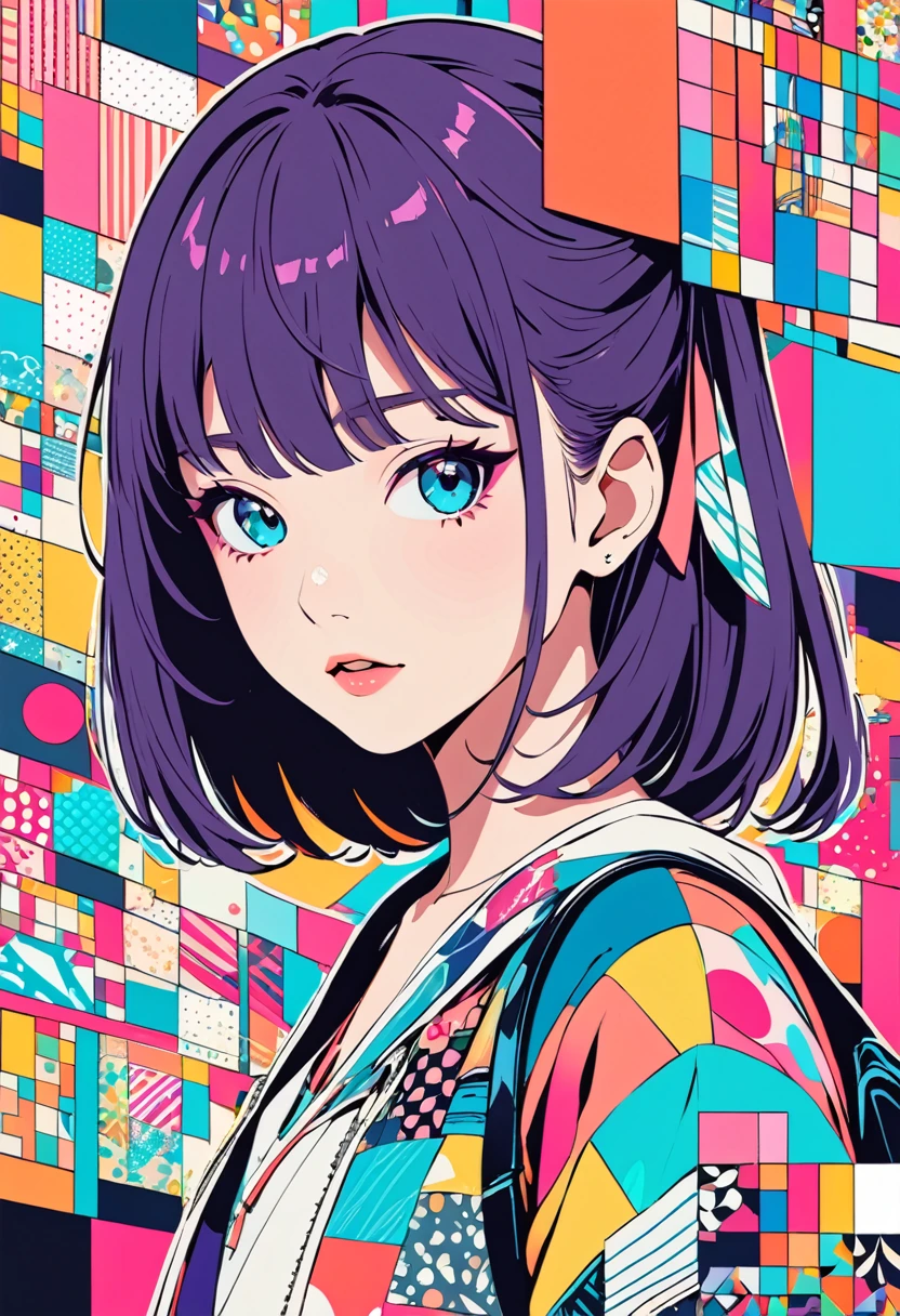 flat color, 
girl looks seriously at viewer,
patchwork collage, abstract,
BREAK, (16yo, detailed face),open mouth,