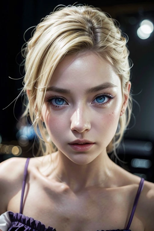 A woman in a purple work dress, fullbody, elegant pose,blonde hair,blue eyes,ino yamanaka from naruto, beautiful detailed face, beautiful detailed eyes, beautiful detailed lips, extremely detailed eyes and face, long eyelashes, cinematic lighting, realistic, photorealistic, photo-realistic, 8k, best quality, masterpiece, concept art, vivid colors, dramatic lighting, sultry expression
