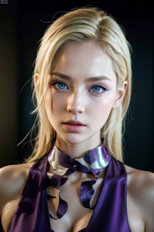 A woman in a purple work dress, fullbody, elegant pose,blonde hair,blue eyes,ino yamanaka from naruto, beautiful detailed face, beautiful detailed eyes, beautiful detailed lips, extremely detailed eyes and face, long eyelashes, cinematic lighting, realistic, photorealistic, photo-realistic, 8k, best quality, masterpiece, concept art, vivid colors, dramatic lighting, sultry expression