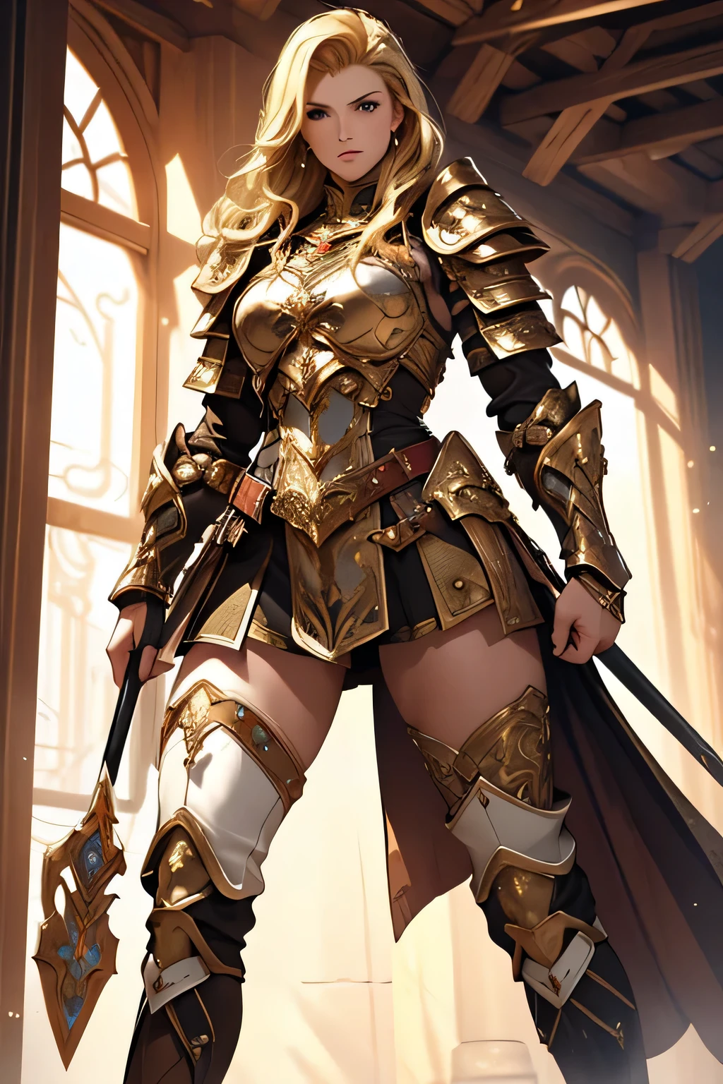 tmasterpiece,High-definition CG diagram,Beautiful female warrior,Detailed eyes and face,Tall figure,The blonde,Full armor attire,Extra-long boots,Wear knee-length boots,Over-the-knee stockings,Brilliant armor colors,Exquisite decoration,General temperament,Tall figure,Wide buttock,Thick legs,A majestic sight