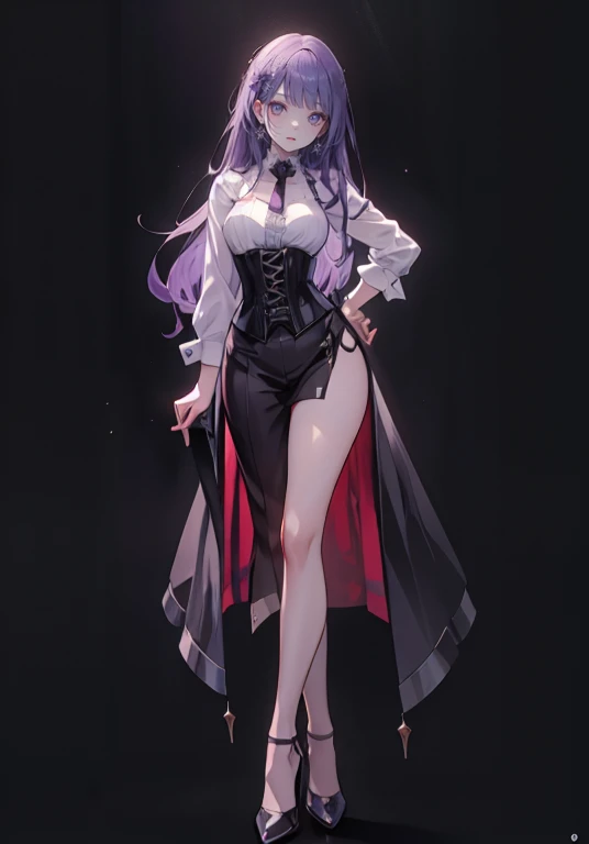 ((Perfect Face)),Purple Hair,long hair,Adult female,bartender,((corset)),((Shirt with rolled up sleeves)),tie,((slit)),High heels,,((Simple Background)),smile,((whole body)),((full body)),Character portrait,upright,,Both arms are lowered,upright,