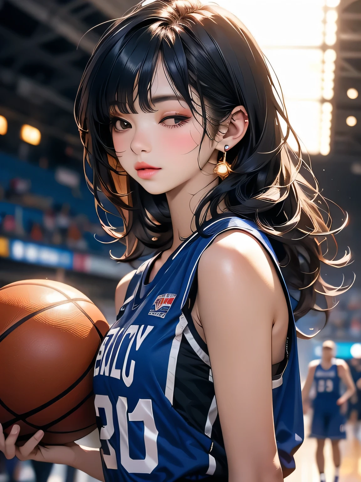 (8k, highest quality, masterpiece:1.2), (Realistic, photo-Realistic:1.37), Super detailed,highest quality, Ultra-high resolution, Professional Lighting, Photon Mapping, Radio City, Physically Based Rendering, Cinema Lighting, Basketball court,Depth of written boundary, Sharp focus,Sunbeam, Good composition,(Bokeh:1.2) One girl,alone,(whole body), (Mouth closed), Detailed eyes, Pause, Tight waist,Basketball Uniforms, Black Hair,Messy Hair,Long hair blowing in the wind,