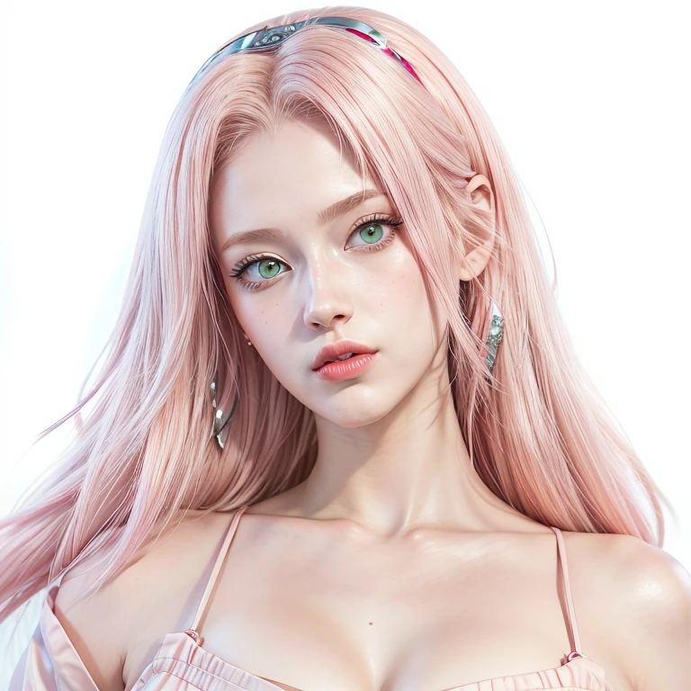 young woman, pale skin, short bubblegum pink hair, wide forehead, emerald green eyes, buttoned nose, peach lips, heart-shaped face, slender, red clothes, Sakura Haruno, 3d, realism, angelic face, maya in net