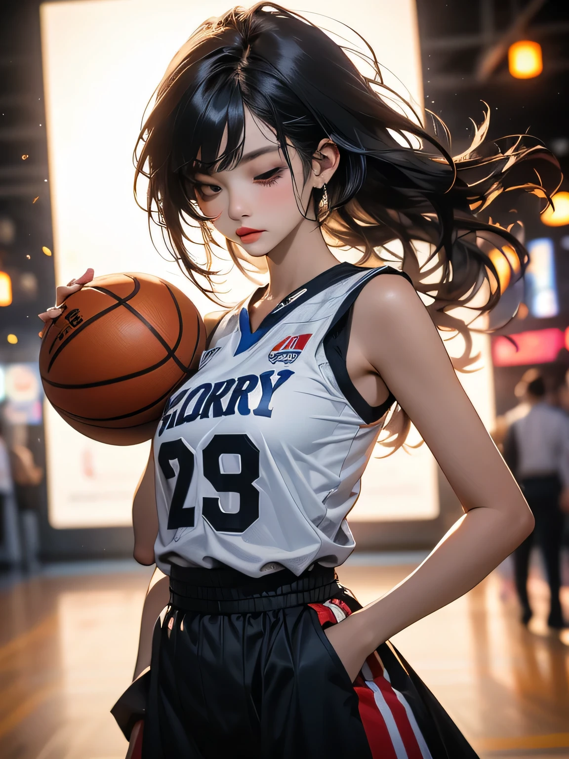 (8k, highest quality, masterpiece:1.2), (Realistic, photo-Realistic:1.37), Super detailed,highest quality, Ultra-high resolution, Professional Lighting, Photon Mapping, Radio City, Physically Based Rendering, Cinema Lighting, Basketball court,Depth of written boundary, Sharp focus,Sunbeam, Good composition,(Bokeh:1.2) One girl,alone,(whole body), (Mouth closed), Detailed eyes, Pause, Tight waist,Basketball Uniforms, Black Hair,Messy Hair,Long hair blowing in the wind,