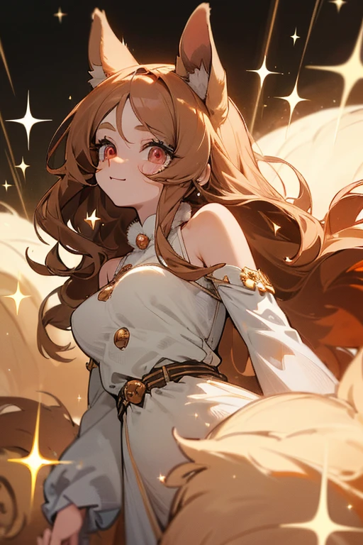 ((, Masterpiece: 1.5, best quality, high resolution: 1.3, super resolution, super detailed, ultra detailed: 1.3, Perfect Anatomy:1.5, 1 woman ) pale skin + long wavy brown hair + red eyes + long eyelashes + figure feminine + wide hips (long soft hair, visible shoulders, long fluffy brown rabbit ears) ((adorable open eyes, friendly cute expression, sparkle in eyes))