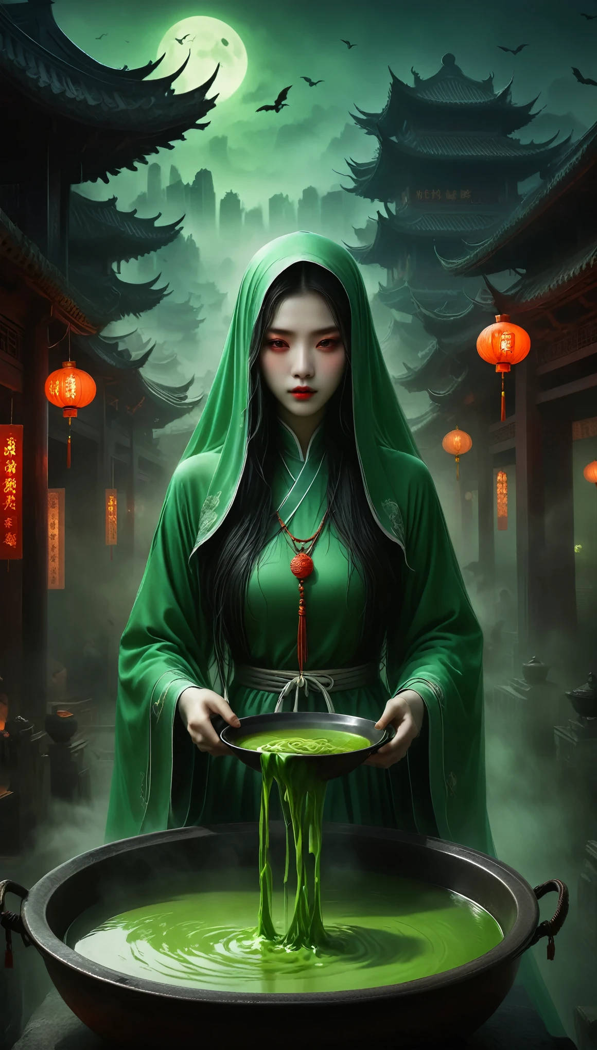 a haunting chinese ghost story, eerie chinese architecture, qixi festival, green ghostly soup, menpo bridge, menpo serving soup, escorting ghosts, iron chains, dark moody lighting, cinematic, horror, atmospheric, surreal, mysterious, detailed