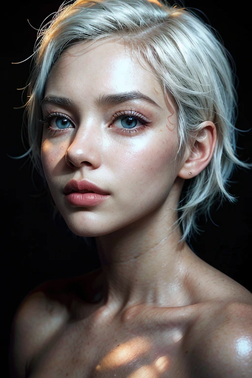 a detailed portrait of a beautiful young black woman with striking white hair, extremely detailed eyes and face, long eyelashes, elegant makeup, (best quality,4k,8k,highres,masterpiece:1.2),ultra-detailed,(realistic,photorealistic,photo-realistic:1.37),cinematic lighting, dramatic chiaroscuro lighting, intricate hairstyle, expressive facial features, elegant jewelry, detailed clothing, warm skin tones, dramatic atmosphere, dramatic portrait