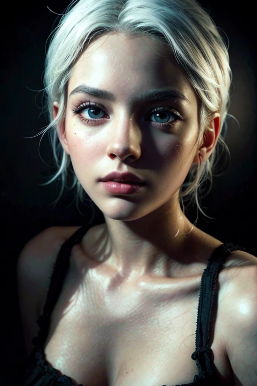 a detailed portrait of a beautiful young black woman with striking white hair, extremely detailed eyes and face, long eyelashes, elegant makeup, (best quality,4k,8k,highres,masterpiece:1.2),ultra-detailed,(realistic,photorealistic,photo-realistic:1.37),cinematic lighting, dramatic chiaroscuro lighting, intricate hairstyle, expressive facial features, elegant jewelry, detailed clothing, warm skin tones, dramatic atmosphere, dramatic portrait