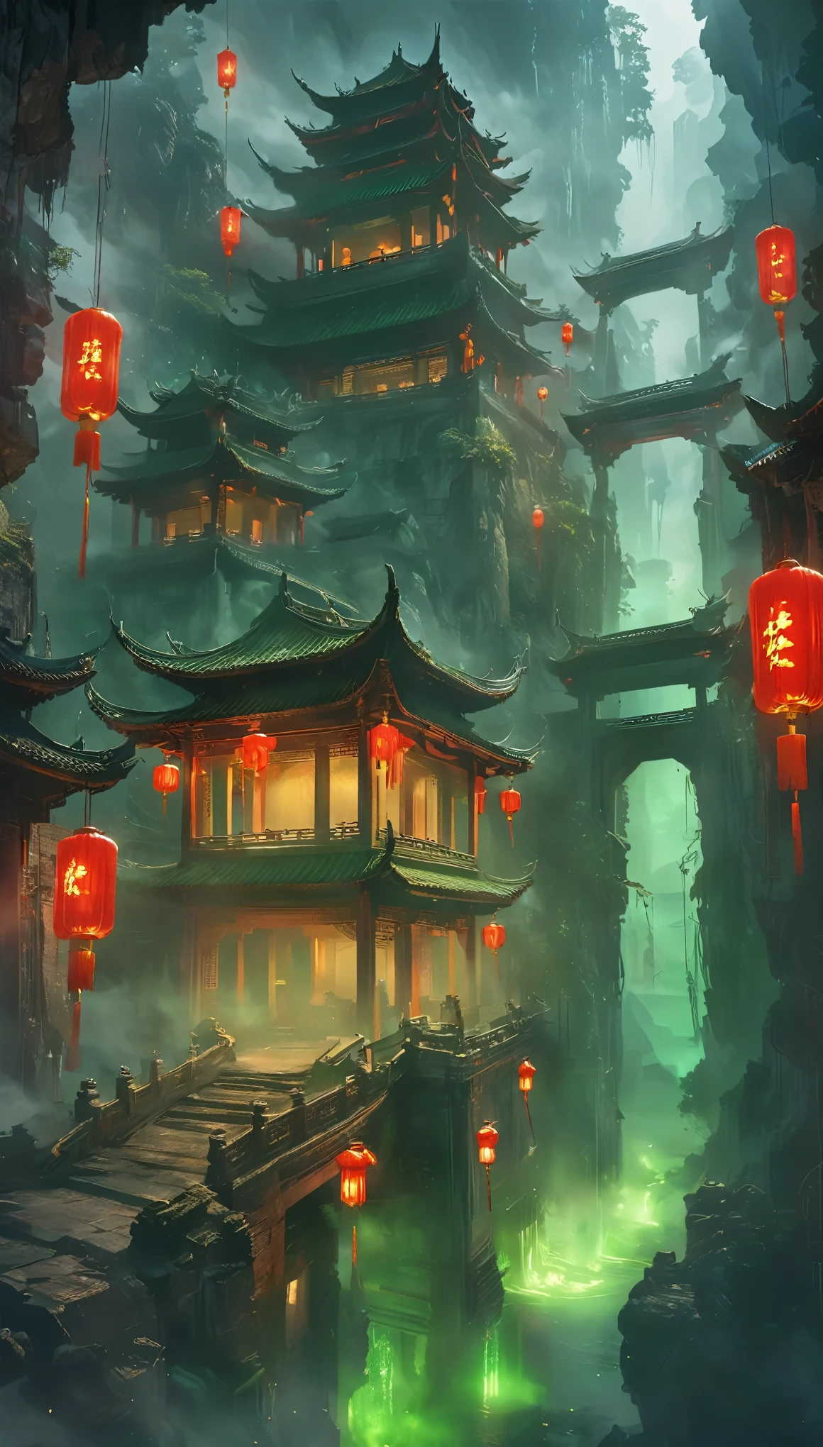 a haunting chinese ghost story, eerie chinese architecture, qixi festival, green ghostly soup, menpo bridge, menpo serving soup, escorting ghosts, iron chains, dark moody lighting, cinematic, horror, atmospheric, surreal, mysterious, detailed