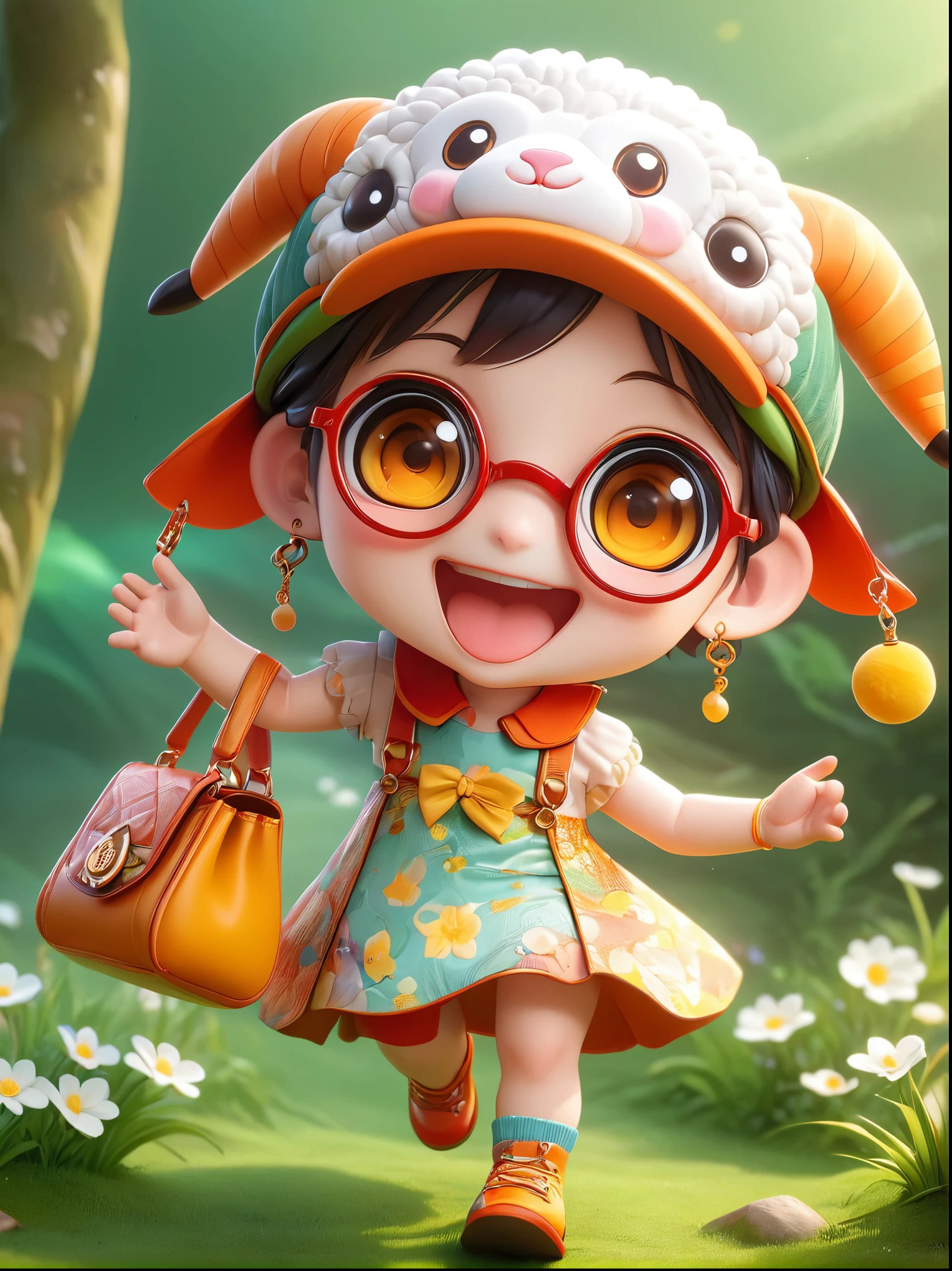(chibi),(masterpiece, top quality, best quality, official art, beautiful and aesthetic:1.2), cute lamb ip,koi,chibi face,grass,red scar, laugh,beautiful dress, cute cartoon diagonal shoulder bag, orange cartoon glasses, yellow pattern wool cap, 1fkxc1