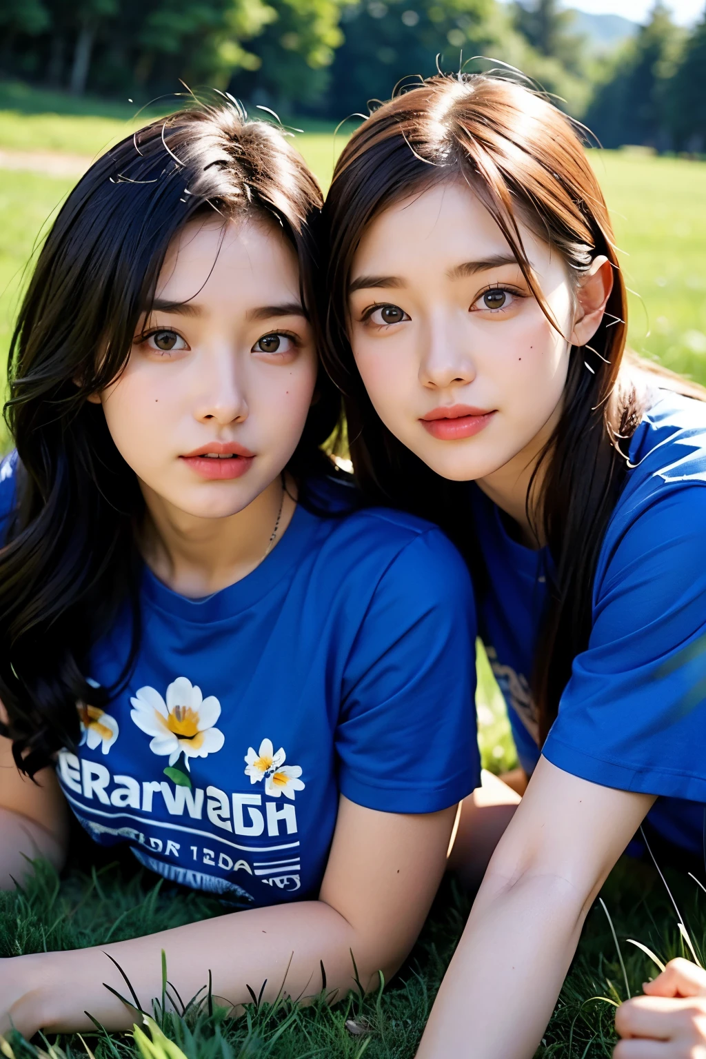 2 Girls, ideal , t-shirt, grass mountain flower background, Lesbian couples