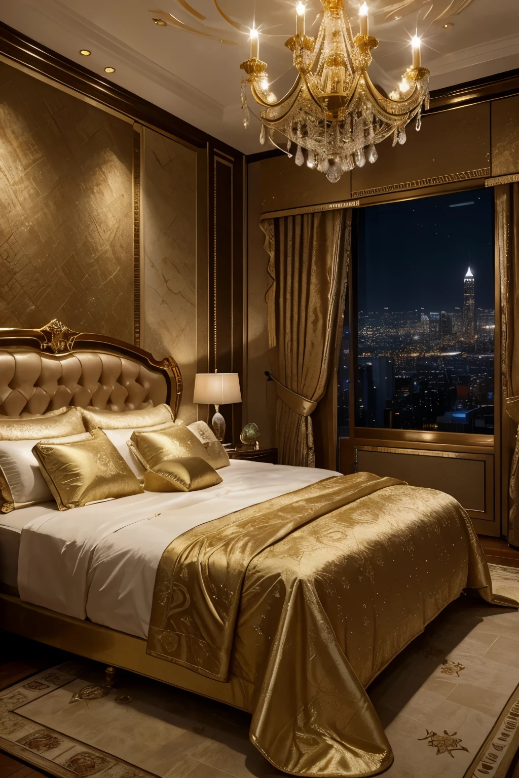 Envision a luxurious penthouse bedroom where a man is serenely asleep atop an extravagant pile of dollar bills. The dim, ambient lighting casts a warm glow, creating a dreamlike atmosphere. The man, dressed in silk pajamas, is comfortably nestled among the cash, his expression one of pure contentment, as if he's dreaming of unimaginable wealth and success.The pile of money should be abundant, almost overflowing, with crisp bills spread out to form a lavish bed. Surrounding the man are symbols of opulence: a gold watch gleaming on a bedside table, a fine cigar in a crystal ashtray, and high-end decor such as plush velvet curtains, marble floors, and elegant furniture. A large window behind him reveals a stunning cityscape at night, with lights twinkling like stars.Include subtle details to enhance the scene: perhaps a luxurious throw draped over part of the money, a classic painting on the wall, and a glass of fine whiskey on the table. The overall illustration should capture the essence of ultimate wealth and tranquility, blending the opulence of riches with the serenity of peaceful sleep.