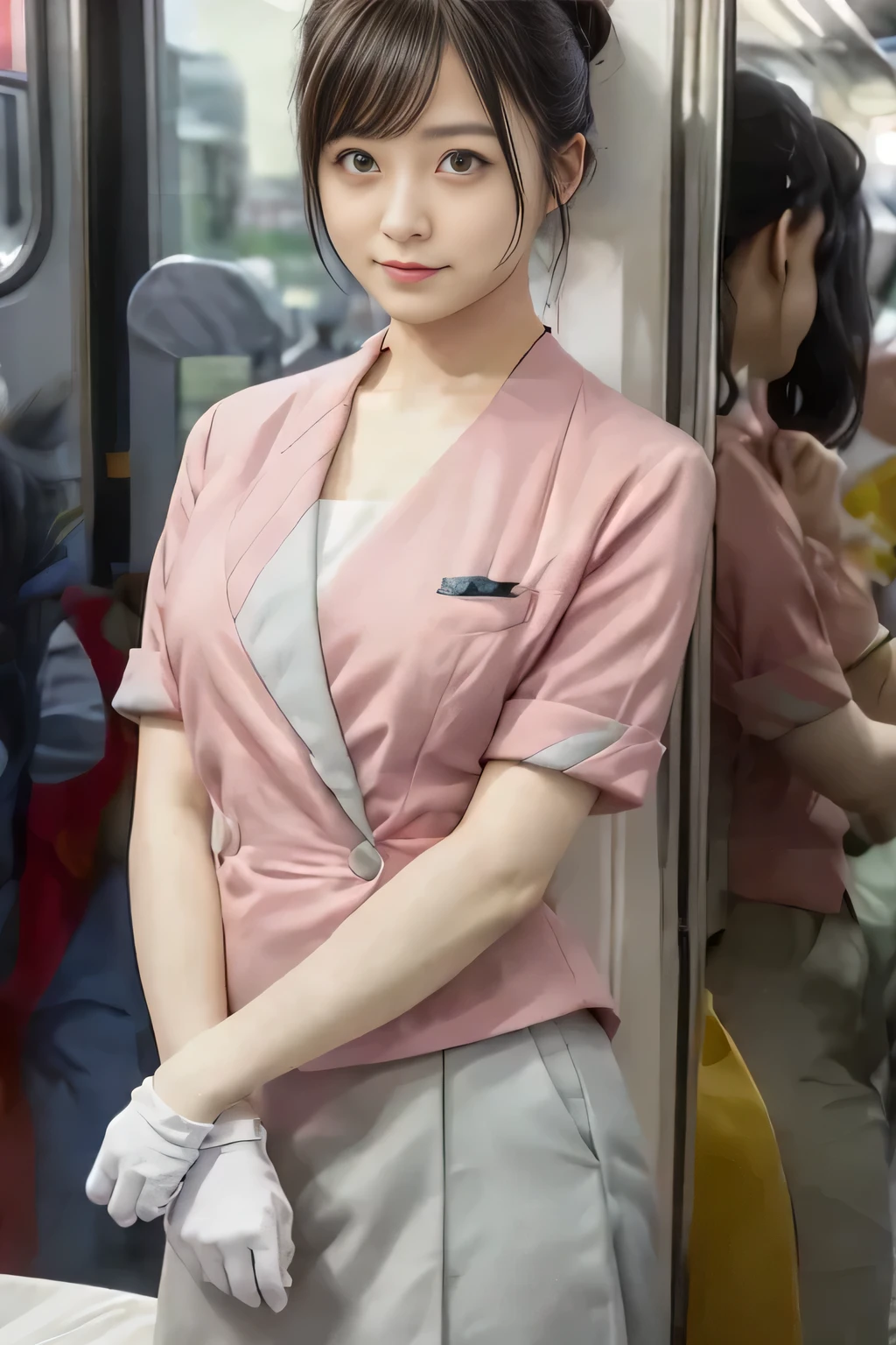 (masterpiece:1.2, highest quality:1.2), 32K HDR, High resolution, (alone、1 girl)、(On the rooftop of a building in the daytime、Professional Lighting)、Building rooftop background、(Nankai train crew uniform pinkを着たリアルスタイル)、(Nankai train crew uniform pink short sleeve pink jacket、Nankai Train Crew Uniform Pink Collarless Short Sleeve Blouse、Nankai Train crew uniform pinkのグレー色のキュロットスカート)、Dark brown hair、(Hair tied up、Hair Bun、Hair Bun)、Dark brown hair、Long Shot、Big Breasts、Thin legs、((Great hands:2.0)),((Harmonious body proportions:1.5)),((Normal limbs:2.0)),((Normal finger:2.0)),((Delicate eyes:2.0)),((Normal eyes:2.0)))、smile、(Nankai Train crew uniform pinkのグレー色のキュロットスカートを見せた美しい歩く姿)、Place your hands around your stomach、
