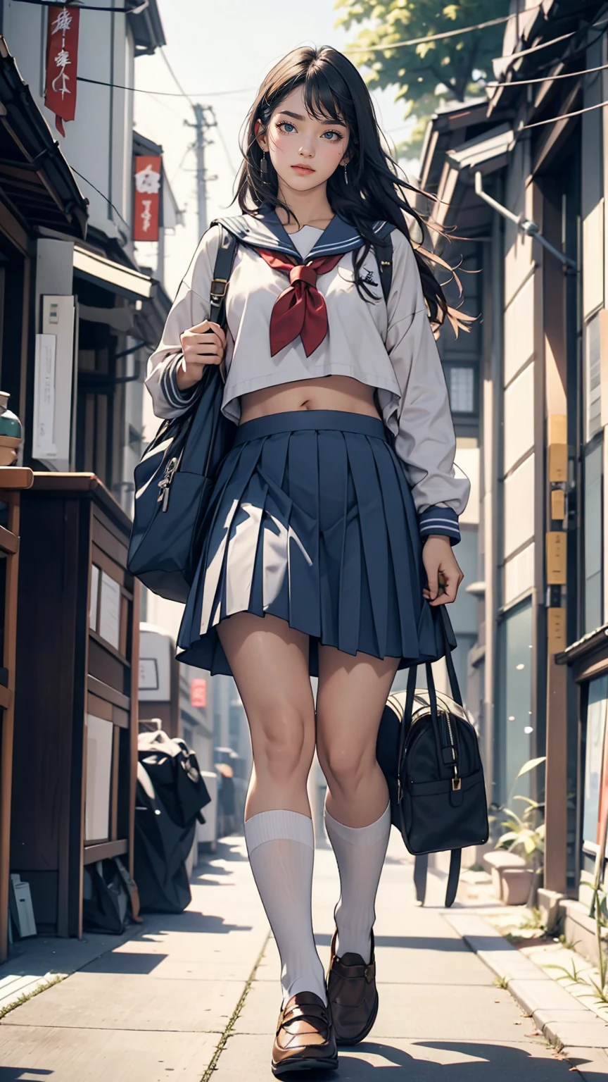 Japanese women、high school girl、White sailor suit summer uniform、Multi braid((multiple braids))、Navy low rise pleated skirt、I can see my belly button、White socks、loafers、Carrying a school bag、An old bus stop in front of a concrete embankment、Sitting on an old plastic couch