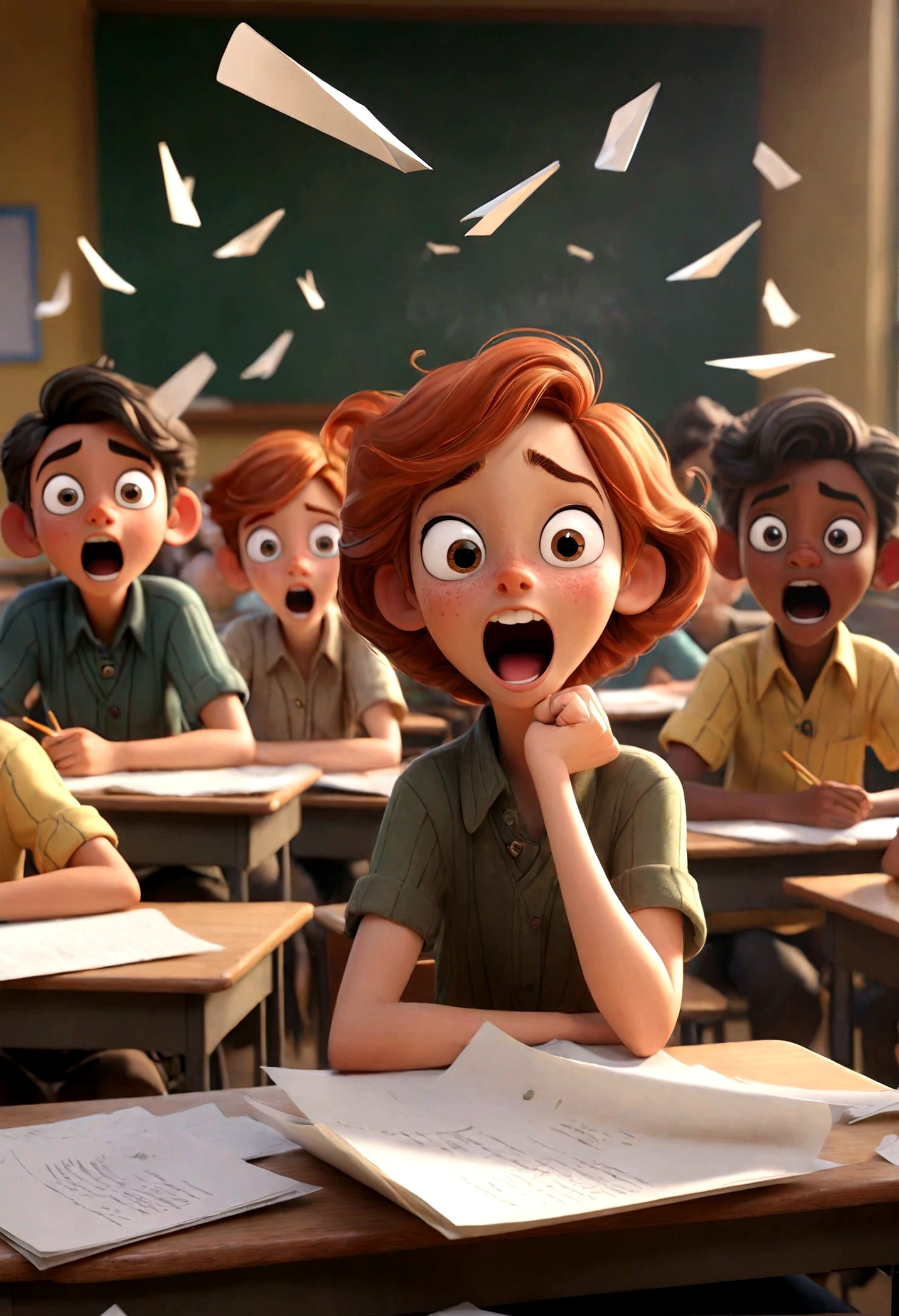 A lively classroom during an exam, filled with students who are cheating and throwing paper airplanes. Some students are sneaking peeks at their neighbor's papers, while others are passing notes and whispering. In the background, a few students are giggling and having fun, adding to the chaotic atmosphere. The teacher, looking frustrated, is trying to maintain order but is clearly overwhelmed. The scene is vibrant and humorous, capturing the playful and mischievous spirit of the students
