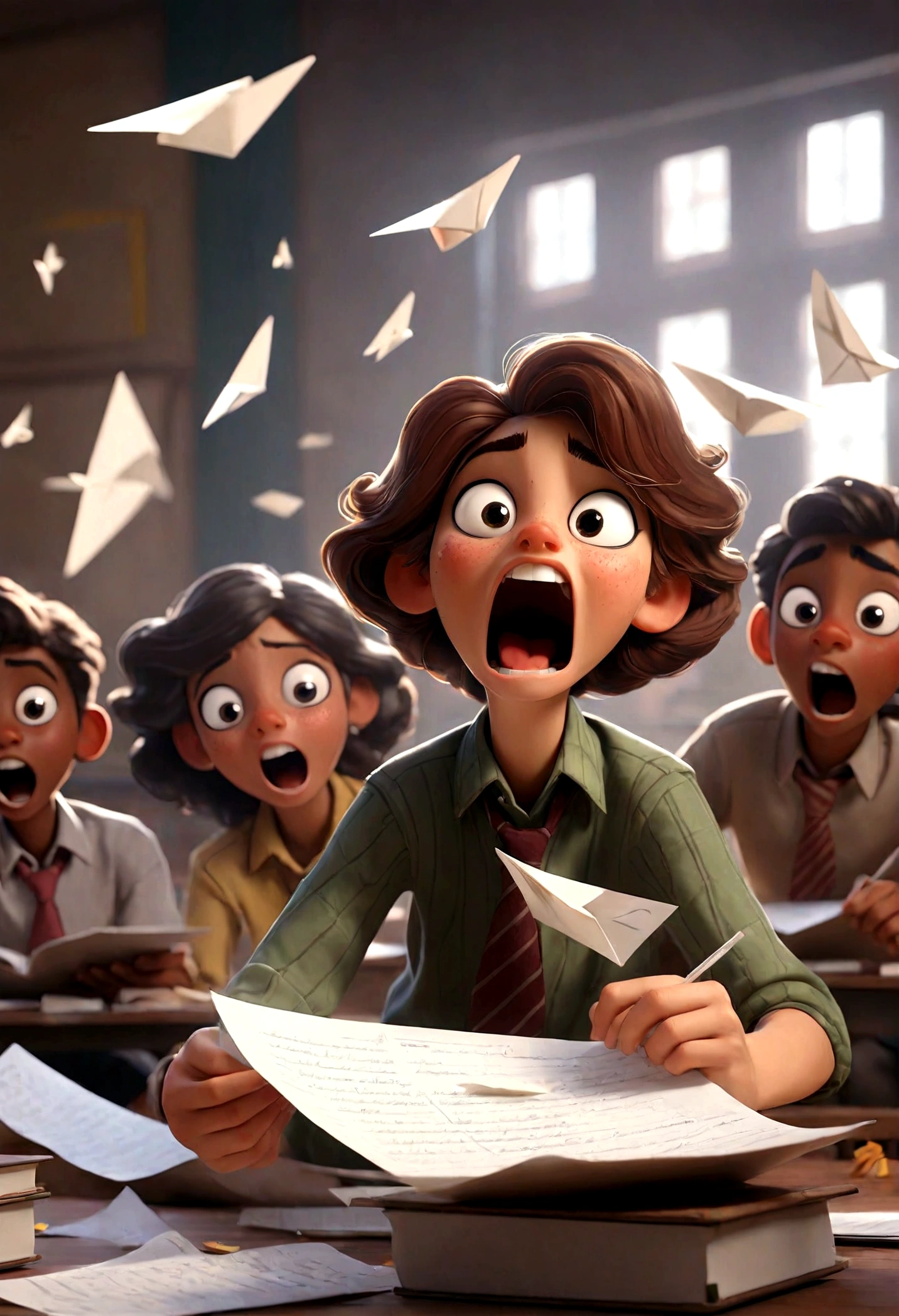 A lively classroom during an exam, filled with students who are cheating and throwing paper airplanes. Some students are sneaking peeks at their neighbor's papers, while others are passing notes and whispering. In the background, a few students are giggling and having fun, adding to the chaotic atmosphere. The teacher, looking frustrated, is trying to maintain order but is clearly overwhelmed. The scene is vibrant and humorous, capturing the playful and mischievous spirit of the students