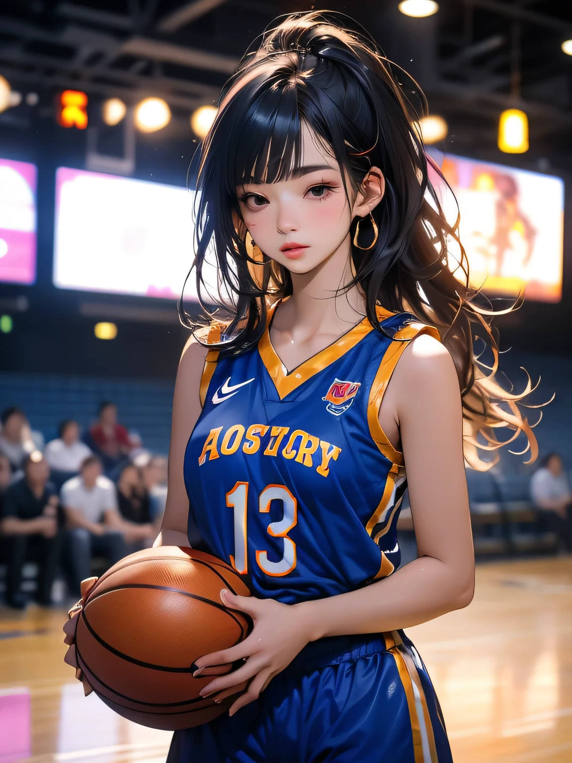 (8k, highest quality, masterpiece:1.2), (Realistic, photo-Realistic:1.37), Super detailed,highest quality, Ultra-high resolution, Professional Lighting, Photon Mapping, Radio City, Physically Based Rendering, Cinema Lighting, Basketball court,Depth of written boundary, Sharp focus,Sunbeam, Good composition,(Bokeh:1.2) One girl,alone,(whole body), (Mouth closed), Detailed eyes, Pause, Tight waist,Basketball Uniforms, Black Hair,Messy Hair,Long hair blowing in the wind,