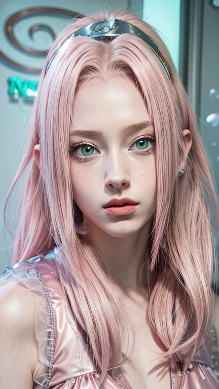 young woman, pale skin, short bubblegum pink hair, wide forehead, emerald green eyes, buttoned nose, peach lips, heart-shaped face, slender, red clothes, Sakura Haruno, 3d, realism, angelic face, maya in net