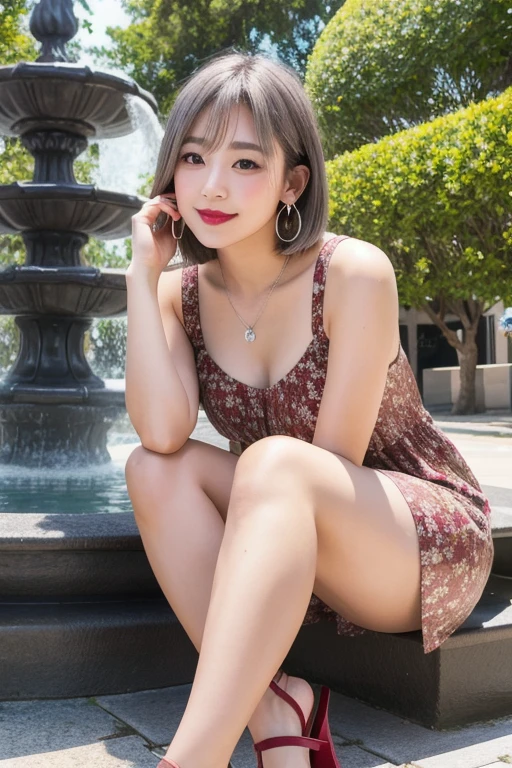 (8k, Photorealistic, Raw photo, Highest quality: 1.4),Japanese idol style1Beautiful girl of the person,18-year-old,Short bob hairstyle,(Silver Hair :1.3),She has her hair tucked behind her ears,She has small earrings in her ears,Big, clear grey eyes,Long eyelashes,Plump Cheeks,She is wearing pale pink lipstick.,Apply gloss over your lipstick for glossy, plump lips,Smiling,A short pendant is hanging around her neck.,The nails on both hands are painted with light pink nail polish.,Both toenails have red nail polish,(She is wearing a sleeveless floral dress,(Dark colored base :1.4),(Long length :1.2)),wearing sandals on bare feet,sitting on a bench in front of a park fountain,(Full body portrait,(Angle from below :1.3))