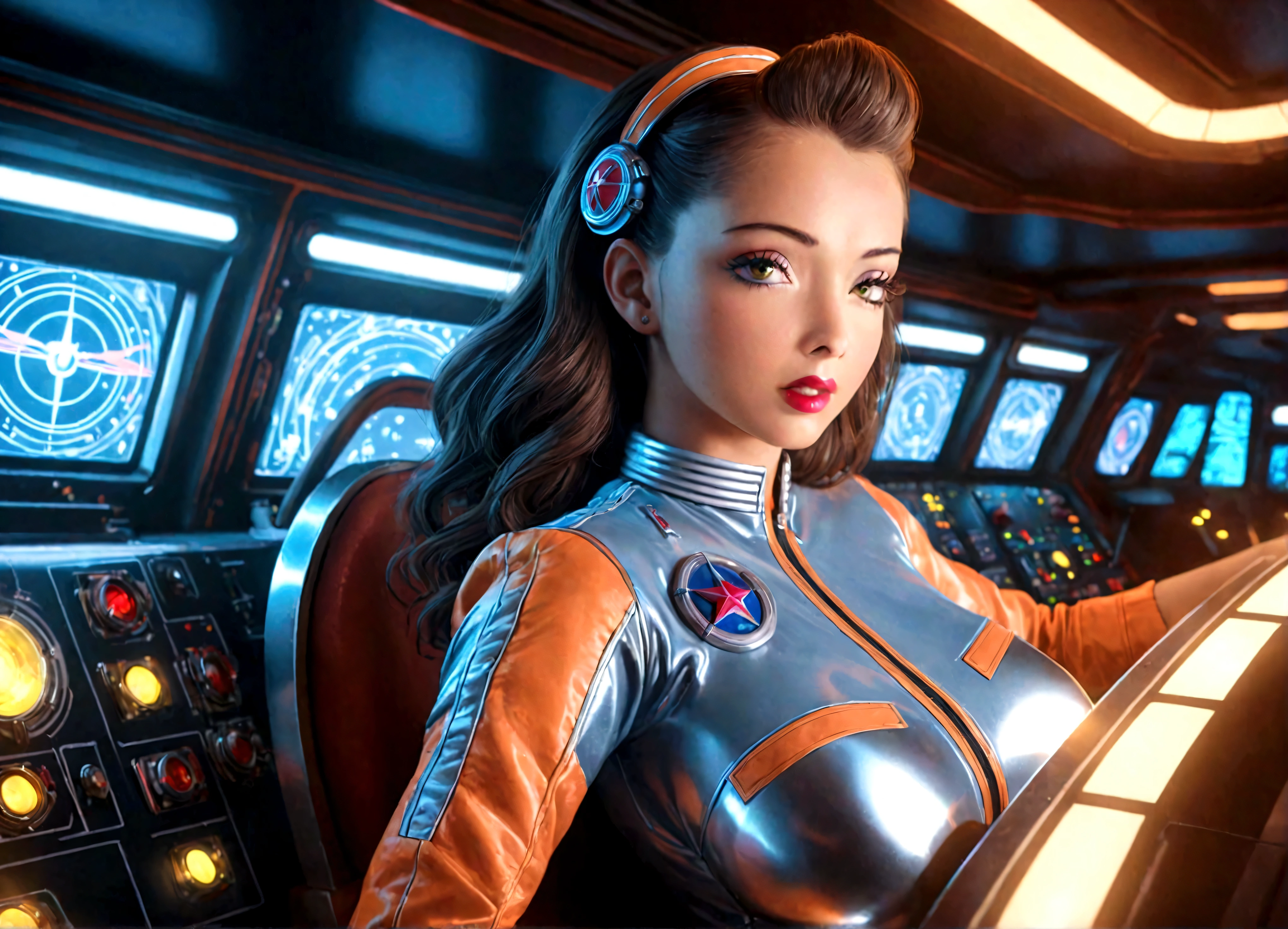 A sexy female space captain in a 50s-styled space outfit piloting her rocket with blinking controls and bright lights, highly detailed, photorealistic, 8k, hyper-realistic, extremely detailed, ultra-detailed, masterpiece, detailed eyes, detailed lips, long eyelashes, muscular, confident expression, dramatic lighting, neon colors, intricate ship interior, glowing displays, metallic textures, shiny surfaces, dynamic pose, cinematic angle
