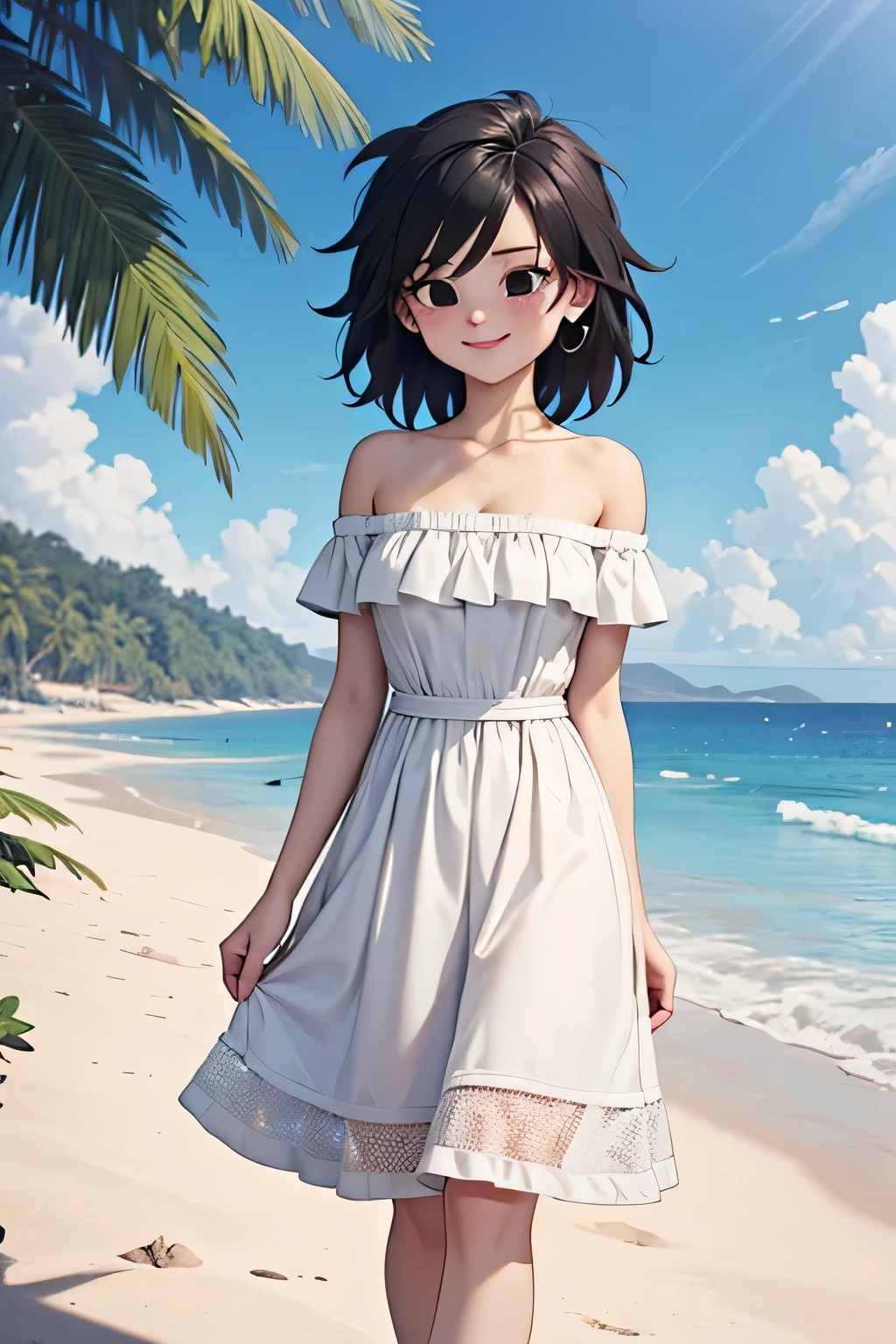 anime screencap, masterpiece, best quality, highres, outdoors, small breasts, gine, spiky black hair, 1 girl, Solo, Black Eyes, Good hands are down, Smile, Blushing, Bare Neck, Bare Arms, Bare Shoulders, White Dress, Strapless White Dress, Lace Off-shoulder top, Ruffle Off-the-Shoulder Top, Long Skirt. Cowboy shot. A landscape of the beach, sea, blue skies, sand beach. In the center. Walking on the beach with bare feets. Far from the bottom, looking at viewers