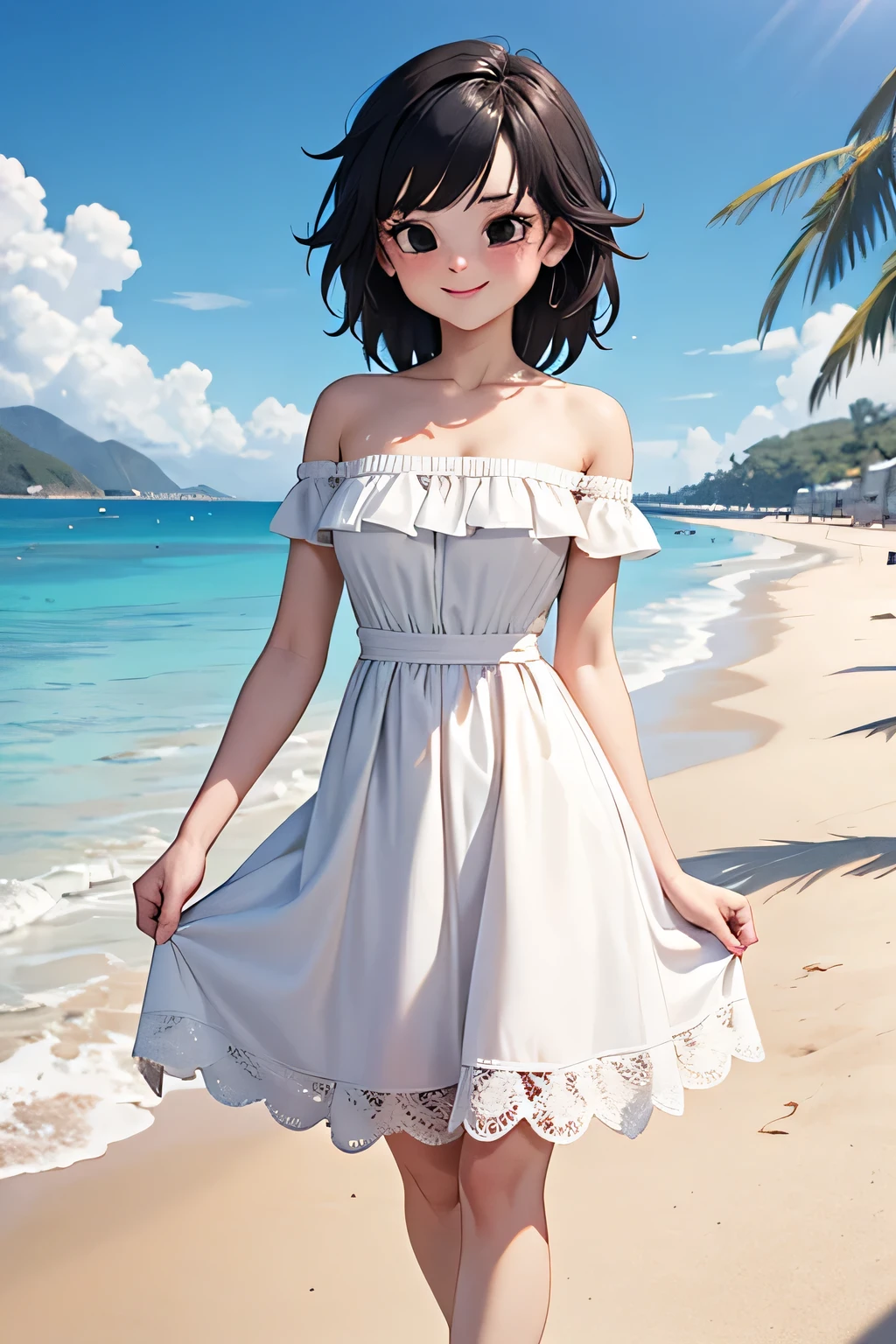 anime screencap, masterpiece, best quality, highres, outdoors, small breasts, gine, spiky black hair, 1 girl, Solo, Black Eyes, Good hands are down, Smile, Blushing, Bare Neck, Bare Arms, Bare Shoulders, White Dress, Strapless White Dress, Lace Off-shoulder top, Ruffle Off-the-Shoulder Top, Long Skirt. Cowboy shot. A landscape of the beach, sea, blue skies, sand beach. In the center. Walking on the beach with bare feets. Far from the bottom, looking at viewers