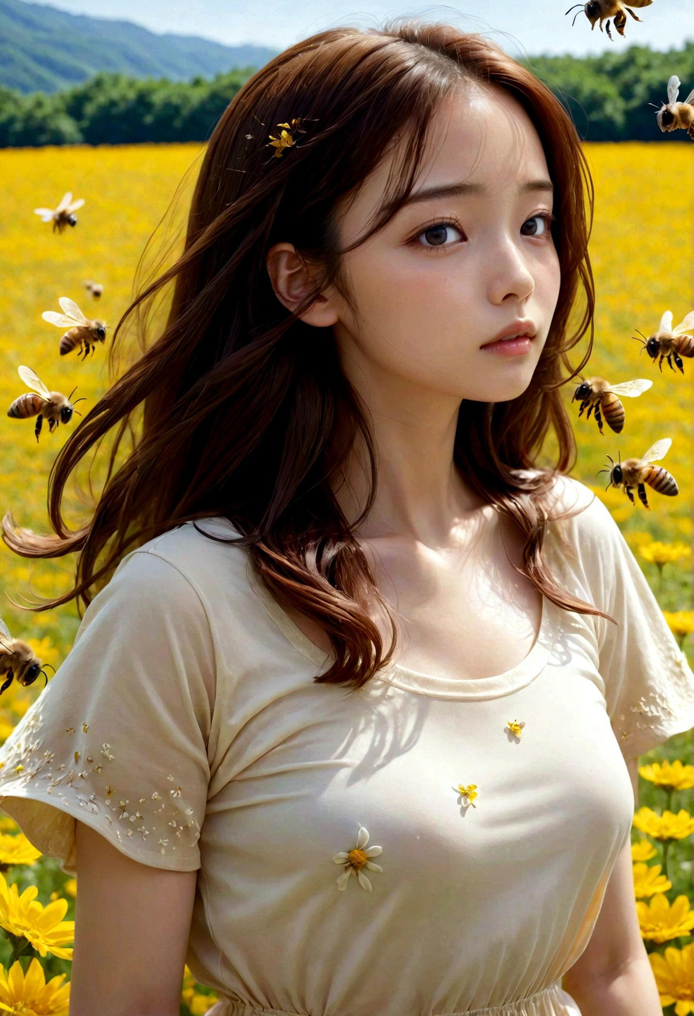 Girl covered in honey、whole body、Bees are flying、Flower Field、Beautiful Nature