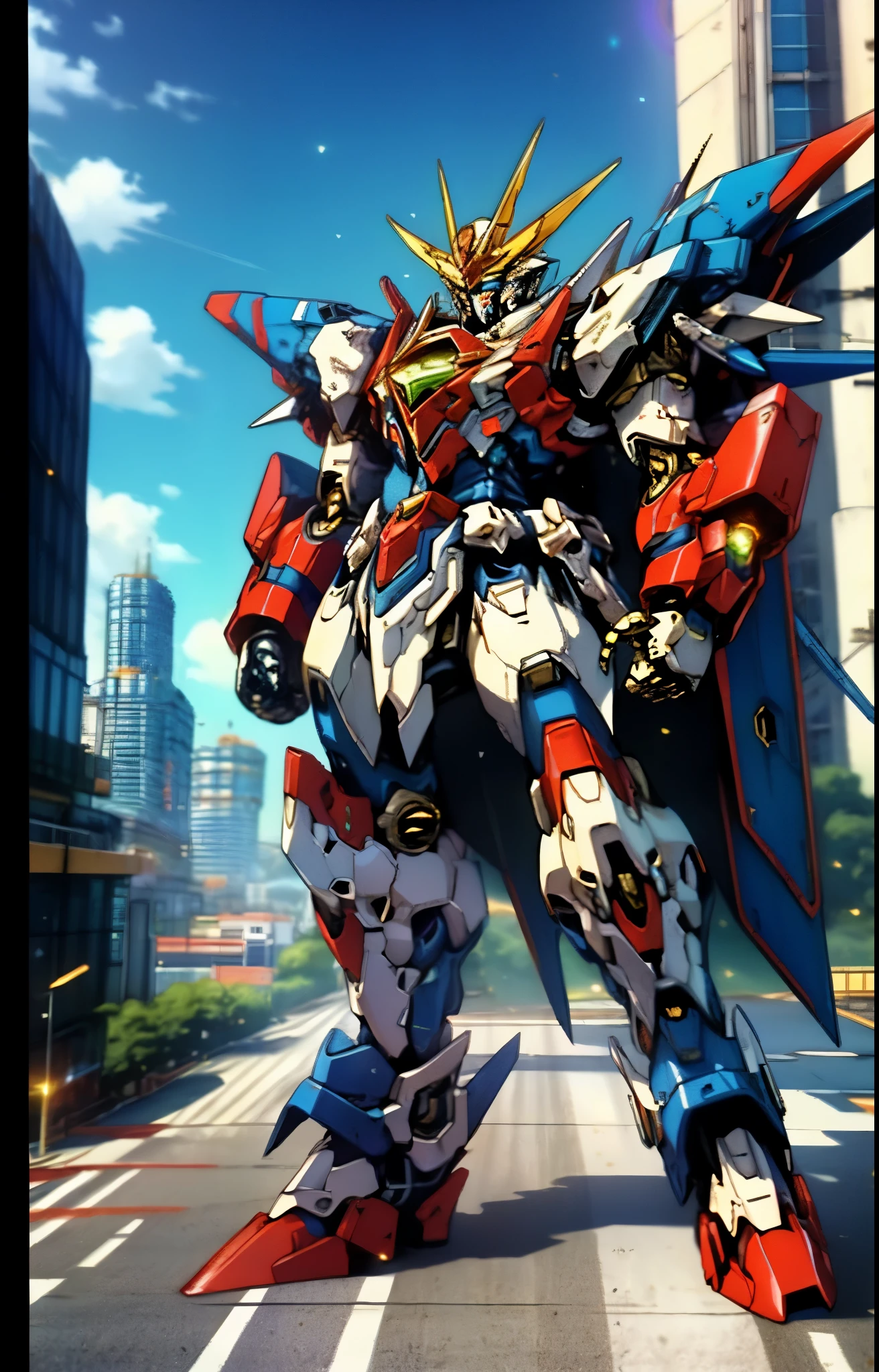 Humanoid Mecha, fully enclosed shoulder guards, matching arm and leg guards, full body, full armor, the design balances heavy with agility, (the color scheme is primarily white with red and blue accents, the concept Inspired by Super robot, organic biotech armor, standing, floating high above the futuristic sci-fi city), exquisite and mature art style, (aura effect, energy, glowing eyes, the armor glows), ((SRS)), metallic, dynamic, dramatic, high definition, best quality, highres, ultra-detailed, ultra-fine painting, extremely delicate, professional, perfect body proportions, anatomically correct, symmetrical face, extremely detailed eyes and face, high quality eyes, creativity, RAW photo, UHD, 32k, Natural light, cinematic lighting, masterpiece-anatomy-perfect, masterpiece:1.5