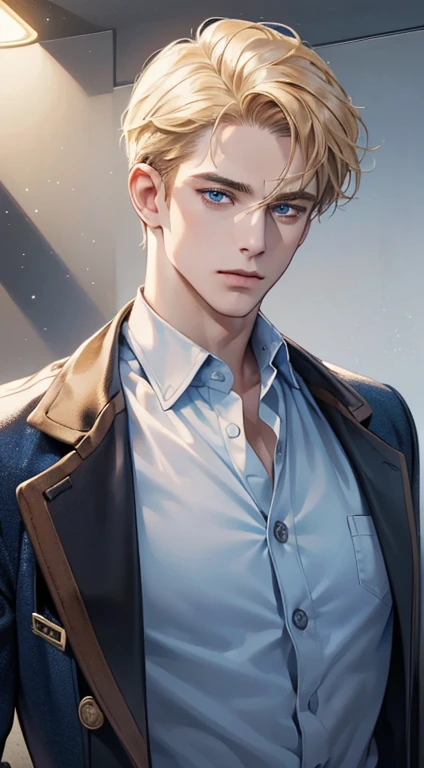 (best quality, masterpiece, 8K, photorealistic, cinematic lighting, 1:4 hdr image, ultra detailed, beautiful image), a mature man, 34 years very handsome, ((cold expression)), short golden hair, blue eyes, face perfect without mistakes, ((buttoning his jacket, CEO))