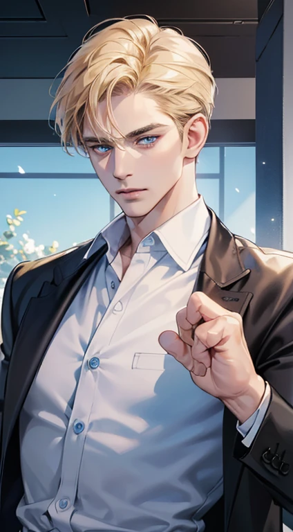 (best quality, masterpiece, 8K, photorealistic, cinematic lighting, 1:4 hdr image, ultra detailed, beautiful image), a mature man, 34 years very handsome, ((cold expression)), short golden hair, blue eyes, face perfect without mistakes, ((buttoning his jacket, CEO))