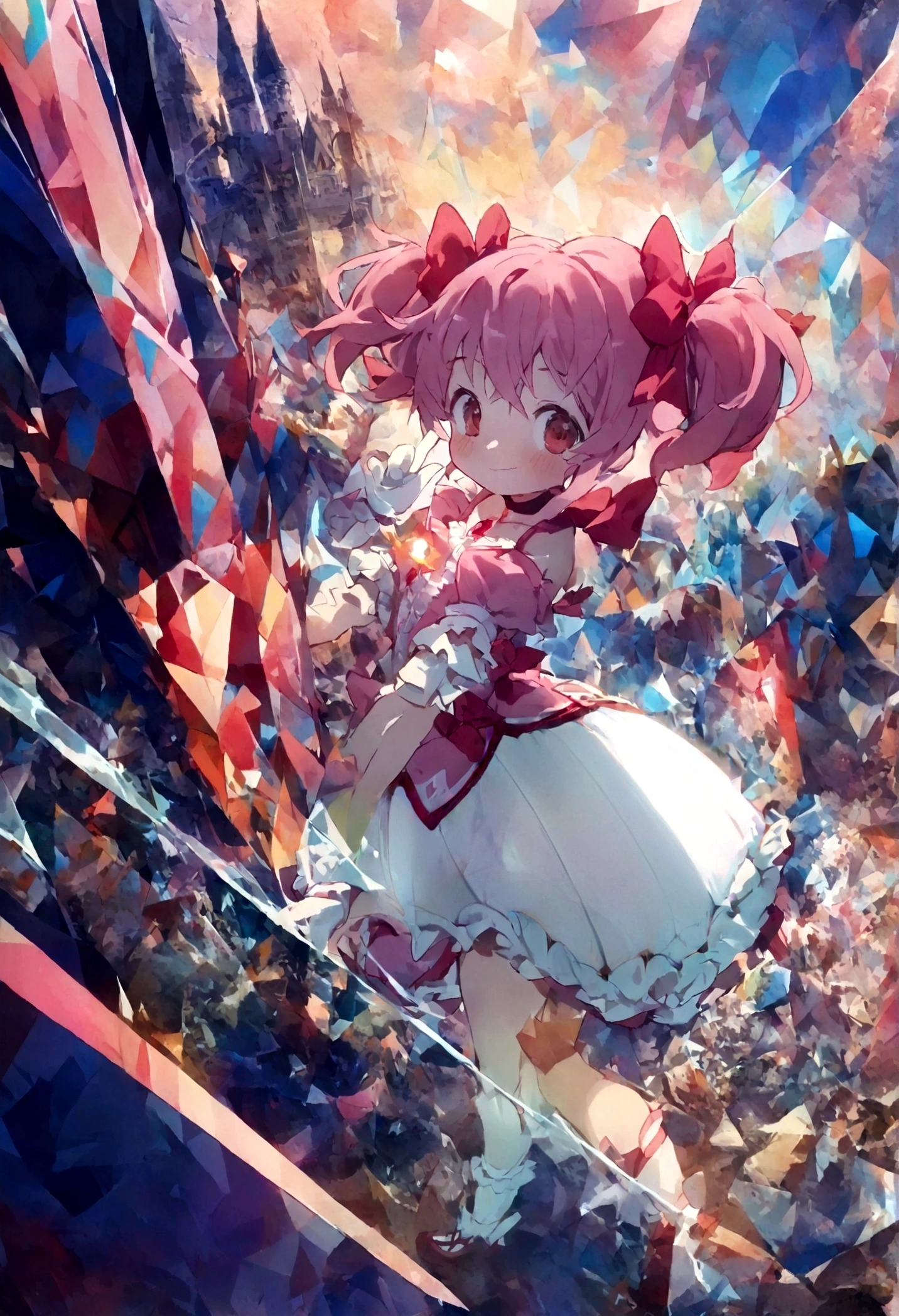 kaname_madoka\(Puella Magi Madoka Magica,magical girl style,pink twin tails hair,pink bows,open shoulder dress with frill,backward ribbon at neck,white grove,red juwel at middle of clavicle\) is standing with confused face in the center lost her way, showing full body to viewer, BREAK ,geometric and chaotic background with messy chaotic gothic shadow puppet castles,(in a very psychedelic nightmare), BREAK ,quality\(8k,wallpaper of extremely detailed CG unit, ​masterpiece,hight resolution,top-quality,top-quality real texture skin,hyper realisitic,increase the resolution,RAW photos,best qualtiy,highly detailed,the wallpaper,cinematic lighting,ray trace,golden ratio\),(long shot),wide shot,landscape,blured background,(art by Maurits Escher:1.3)