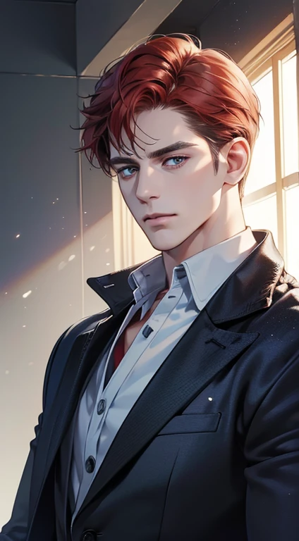 (best quality, masterpiece, 8K, photorealistic, cinematic lighting, 1:4 hdr image, ultra detailed, beautiful image), a mature man, 34 years very handsome, ((cold expression)), short red hair, blue eyes, face perfect without mistakes, ((buttoning his jacket, CEO))