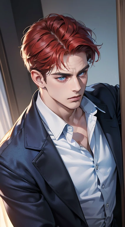 (best quality, masterpiece, 8K, photorealistic, cinematic lighting, 1:4 hdr image, ultra detailed, beautiful image), a mature man, 34 years very handsome, ((cold expression)), short red hair, blue eyes, face perfect without mistakes, ((buttoning his jacket, CEO))