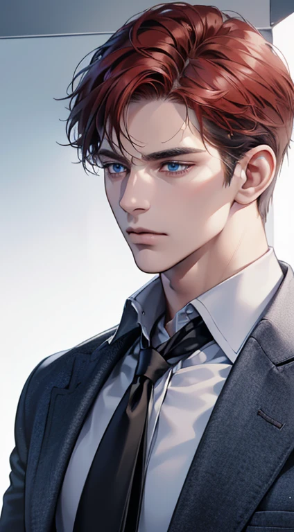 (best quality, masterpiece, 8K, photorealistic, cinematic lighting, 1:4 hdr image, ultra detailed, beautiful image), a mature man, 34 years very handsome, ((cold expression)), short red hair, blue eyes, face perfect without mistakes, ((buttoning his jacket, CEO))