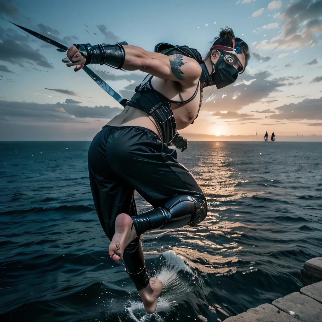 raw photo , 8K, ultra detailed, (realistic:1.2), (1man, ninja, mask:1.6), (jumping:1.5),(sea:1.5),