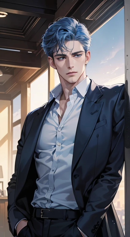 (best quality, masterpiece, 8K, photorealistic, cinematic lighting, 1:4 hdr image, ultra detailed, beautiful image), a mature man, 34 years very handsome, ((cold expression)), short blue hair, blue eyes, face perfect without mistakes, ((buttoning his jacket, CEO))