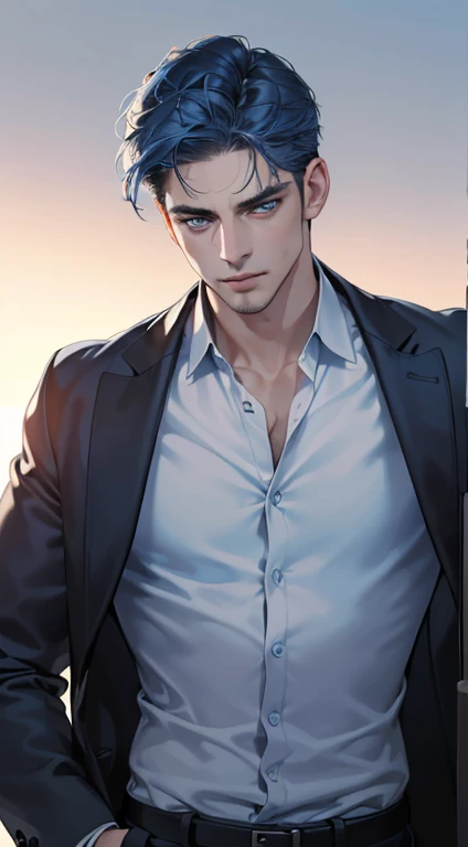 (best quality, masterpiece, 8K, photorealistic, cinematic lighting, 1:4 hdr image, ultra detailed, beautiful image), a mature man, 34 years very handsome, ((cold expression)), short blue hair, blue eyes, face perfect without mistakes, ((buttoning his jacket, CEO))