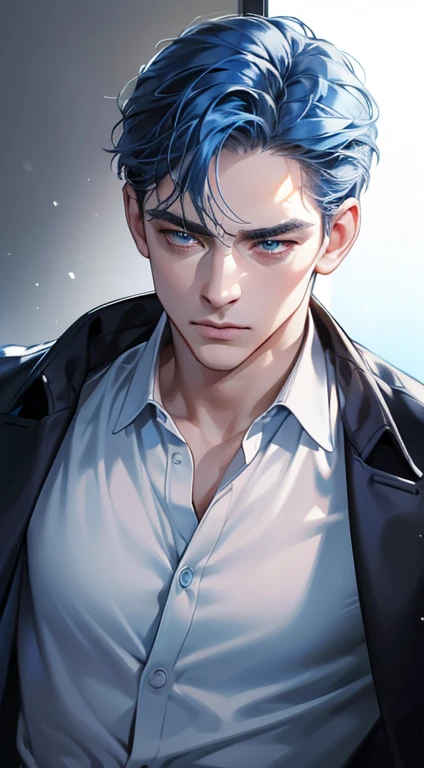 (best quality, masterpiece, 8K, photorealistic, cinematic lighting, 1:4 hdr image, ultra detailed, beautiful image), a mature man, 34 years very handsome, ((cold expression)), short blue hair, blue eyes, face perfect without mistakes, ((buttoning his jacket, CEO))