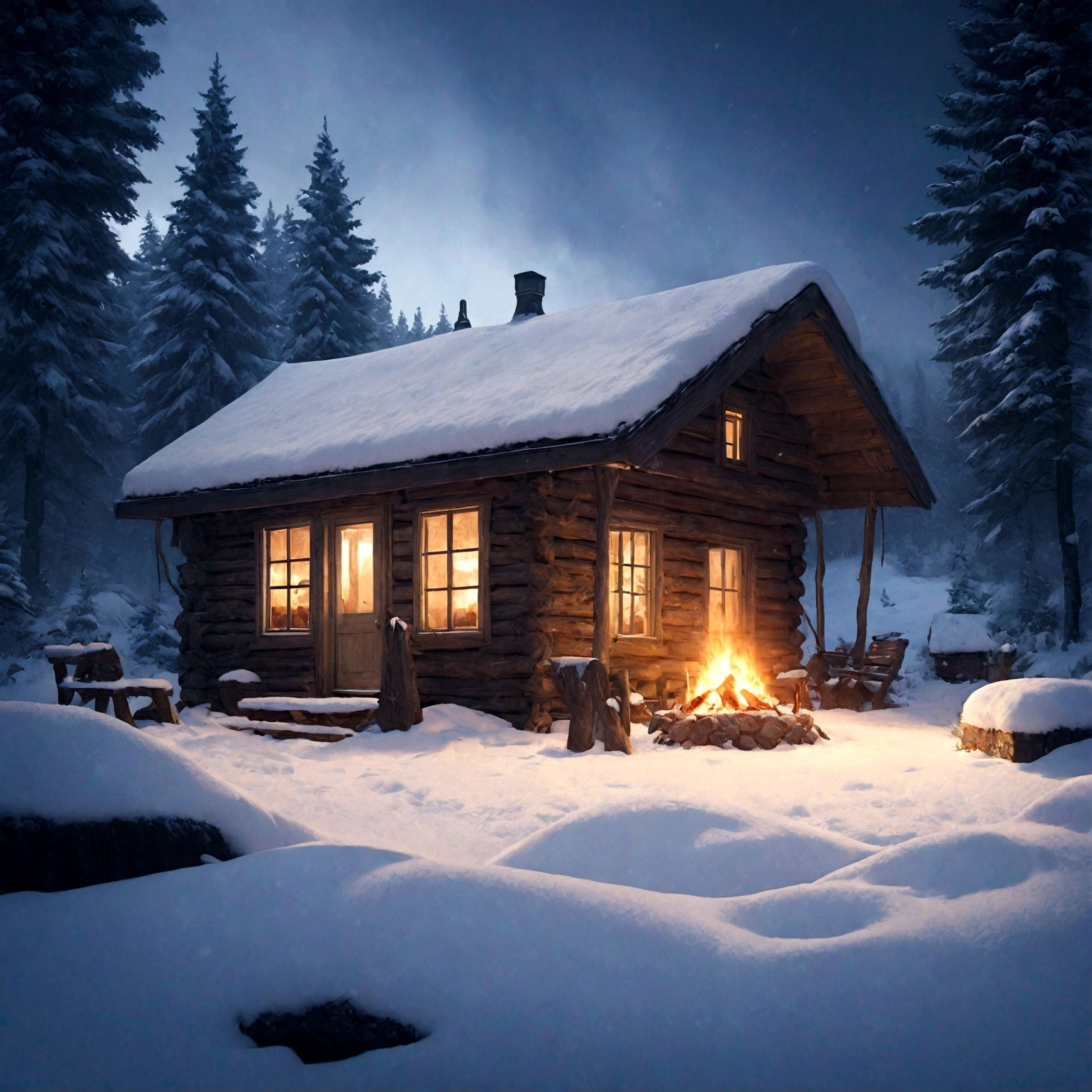 A cute little cabin deep in the woods, snow-covered, small fire out front, detailed winter landscape, cozy atmosphere, warm lighting, photorealistic, 8k, highly detailed, cinematic composition, beautiful colors, dramatic lighting