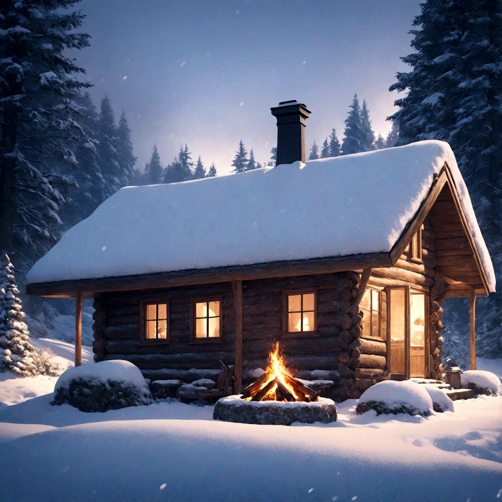 A cute little cabin deep in the woods, snow-covered, small fire out front, detailed winter landscape, cozy atmosphere, warm lighting, photorealistic, 8k, highly detailed, cinematic composition, beautiful colors, dramatic lighting