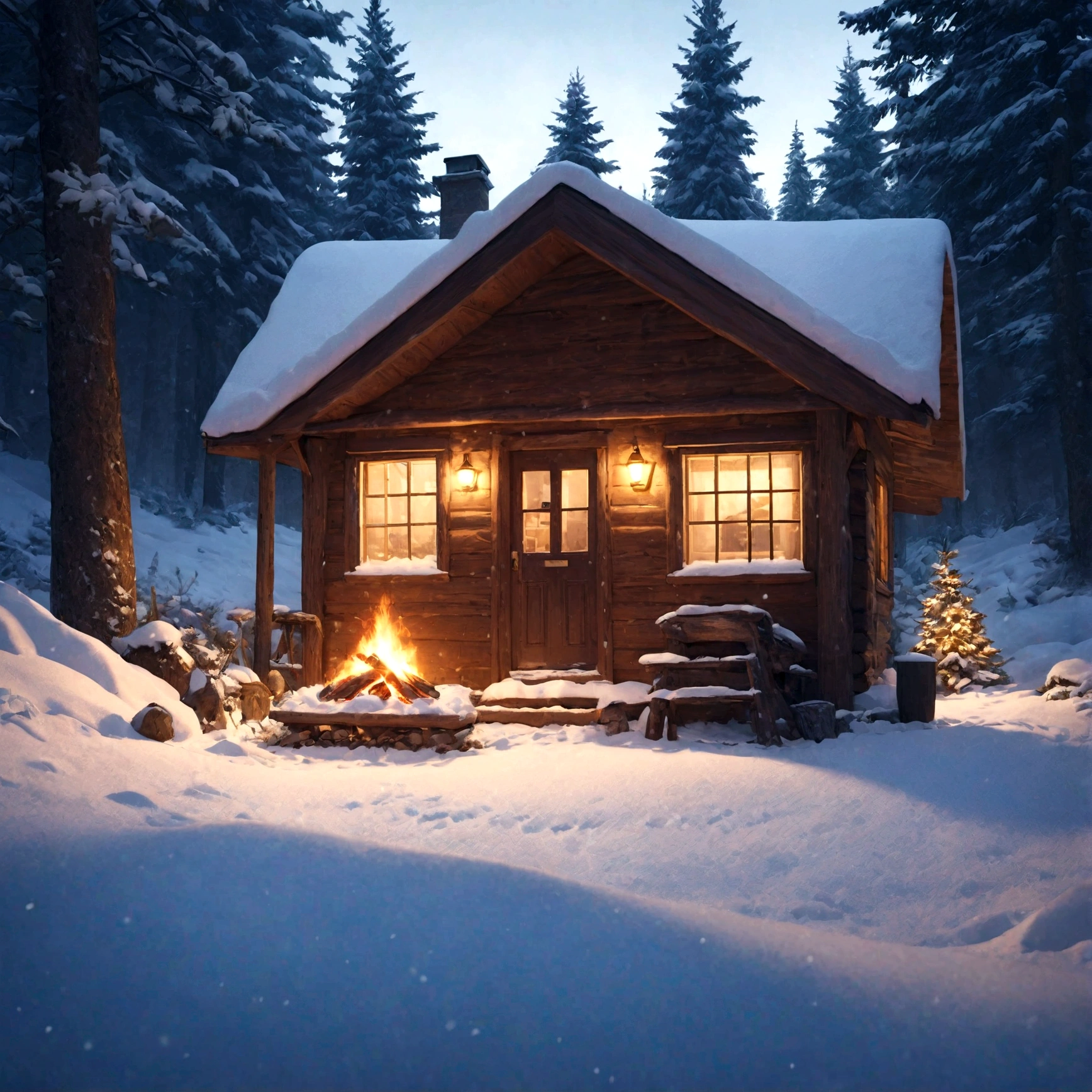 A cute little cabin deep in the woods, snow-covered, small fire out front, detailed winter landscape, cozy atmosphere, warm lighting, photorealistic, 8k, highly detailed, cinematic composition, beautiful colors, dramatic lighting