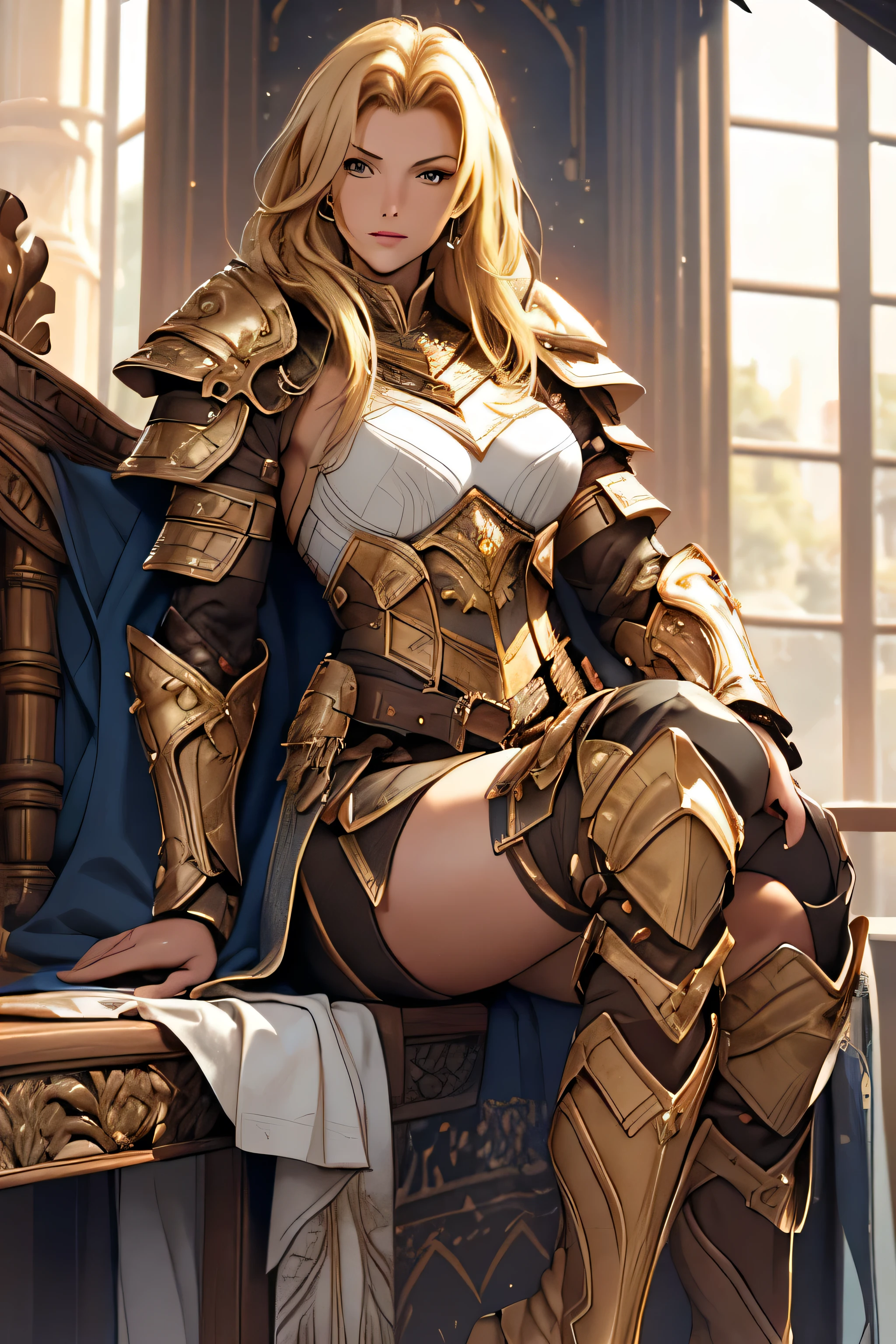 tmasterpiece，High-definition CG diagram，Beautiful female warrior，Detailed eyes and face，Tall figure，The blonde，Full armor attire，Extra-long boots，Wear knee-length boots，Over-the-knee stockings，Brilliant armor colors，Exquisite decoration，General temperament，Tall figure，Wide buttock，Thick legs，A majestic sight，sitting